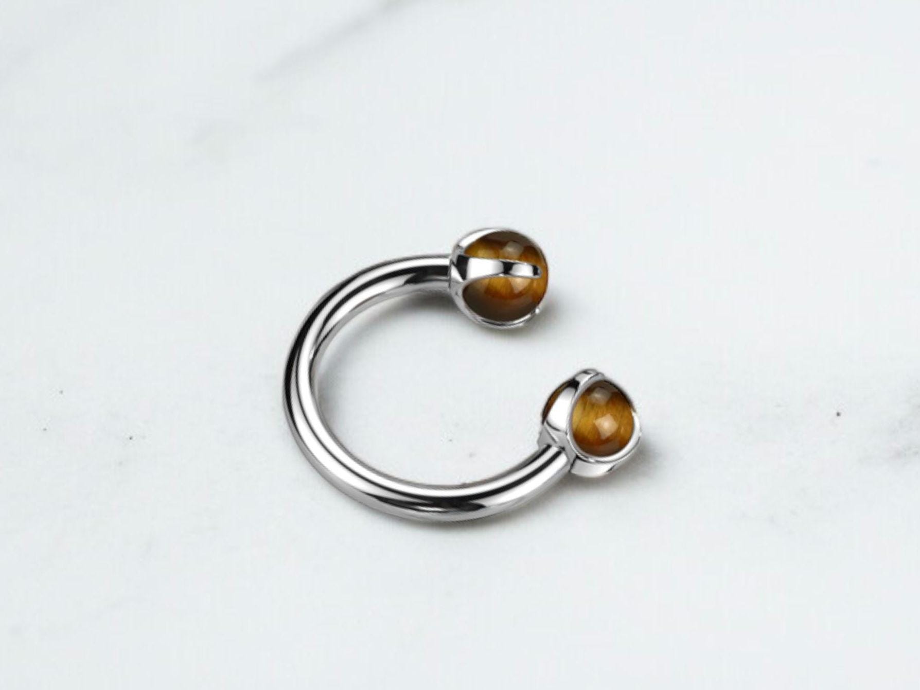 Implant Grade Titanium Internally Threaded Horseshoe Septum Ring  16G Claw-Set Natural Tigers Eye Gemstone Ends  Body Jewelry
