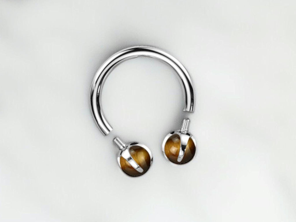 Implant Grade Titanium Internally Threaded Horseshoe Septum Ring  16G Claw-Set Natural Tigers Eye Gemstone Ends  Body Jewelry