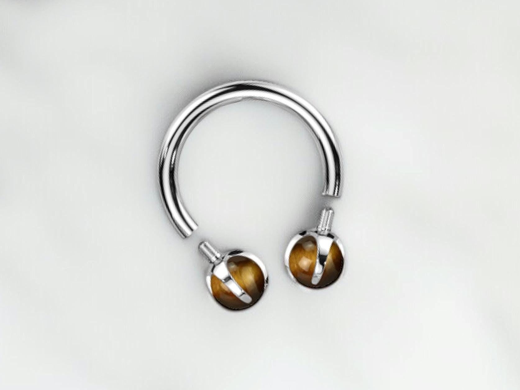Implant Grade Titanium Internally Threaded Horseshoe Septum Ring  16G Claw-Set Natural Tigers Eye Gemstone Ends  Body Jewelry