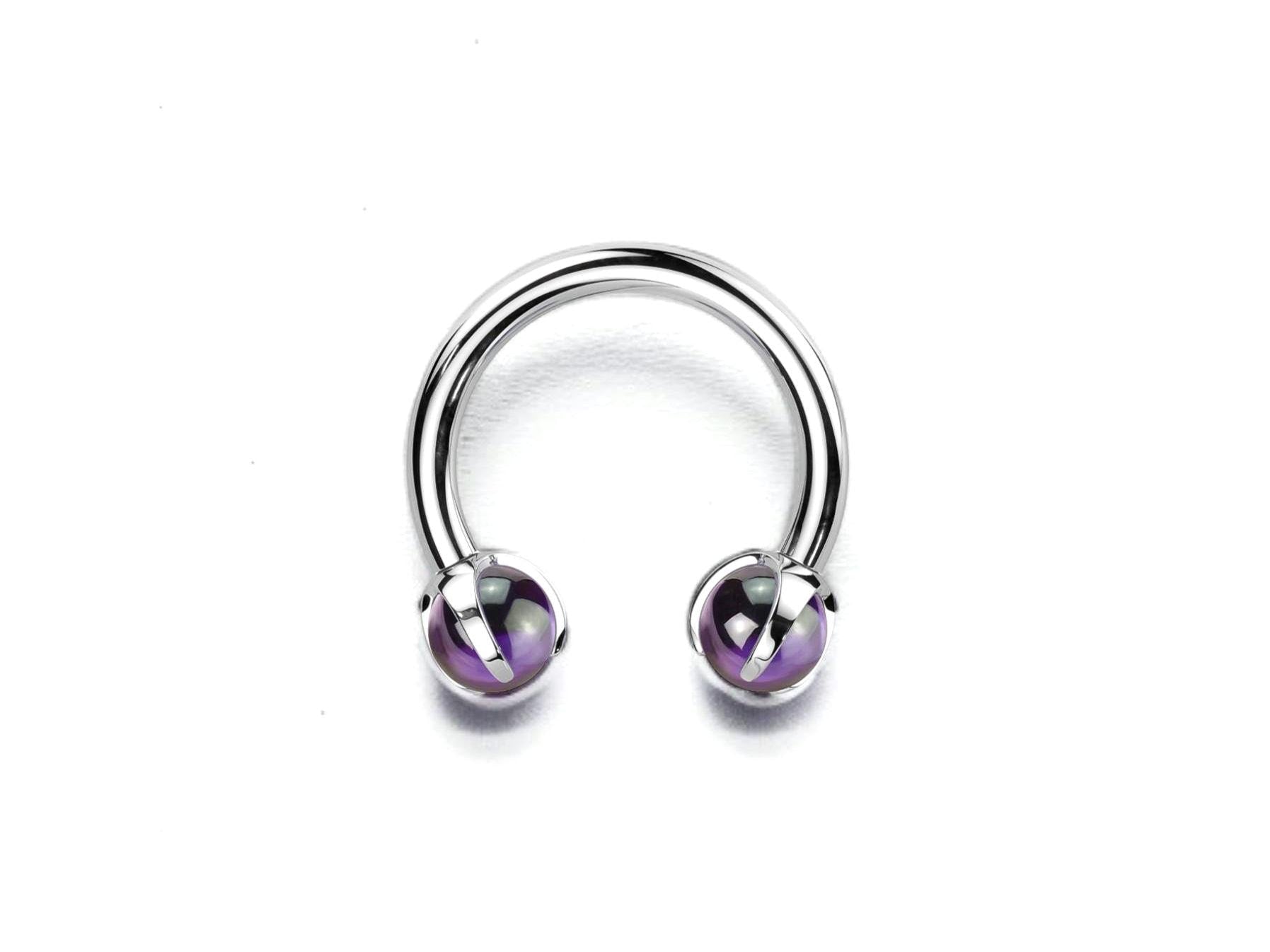 16g Titanium Horseshoe Ring, Purple Amethyst Natural Gemstone Internally Threaded Titanium Horseshoe Ring for Cartilage Septum Nose Ring