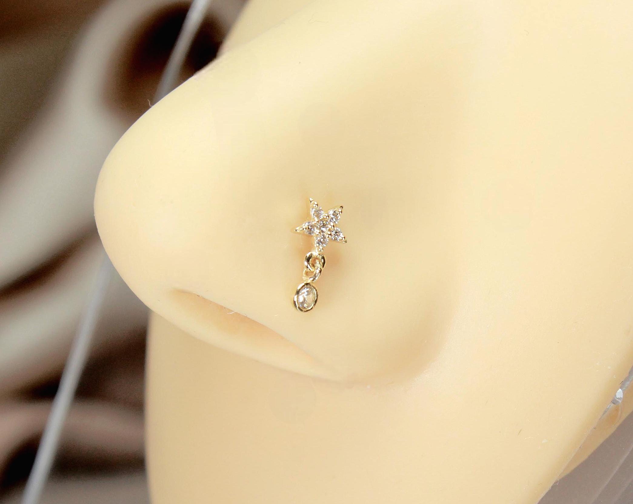 14K Star Solid Gold Nose Stud, 20G Dainty Dangling Gem Nose Stud, L Shape Corkscrew Nose Piercing, Sparkly Cz Gem Decor Nose Jewelry Ring