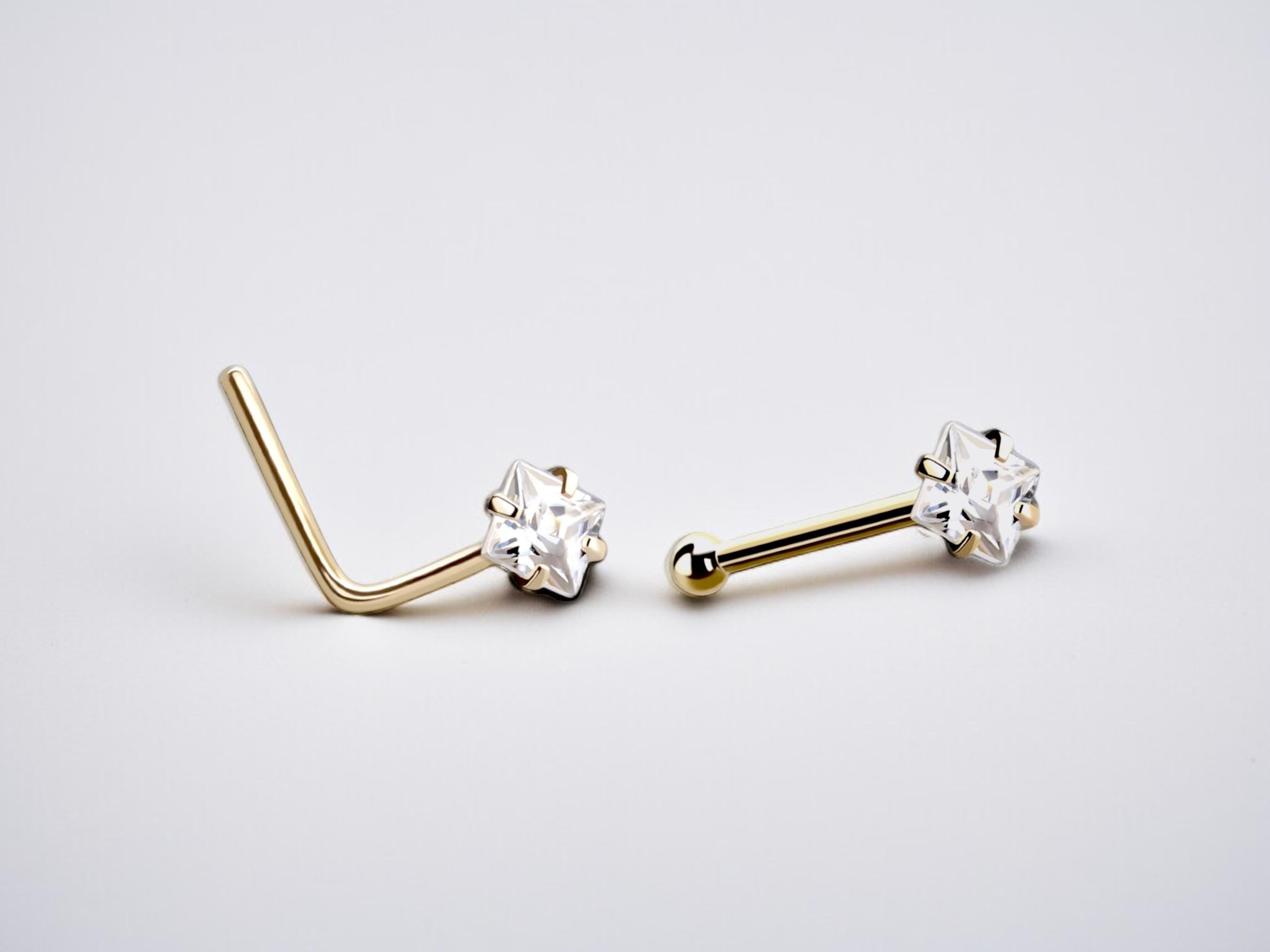 20G Prong Square Clear Gem Gold Nose Stud with Ball, L Shaped Nose Stud, Nose Piercing, Simple Style Nose Piercing Jewelry
