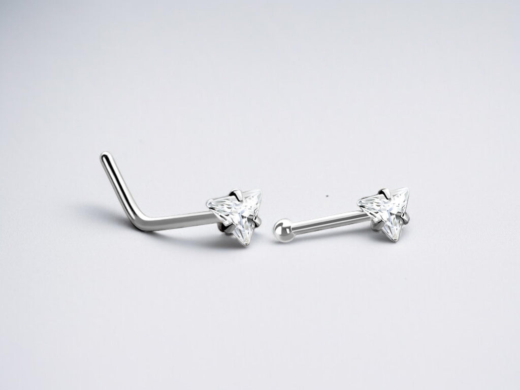 20G Silver Triangle CZ Nose Stud – L-Shape Prong Ball Nose Piercing