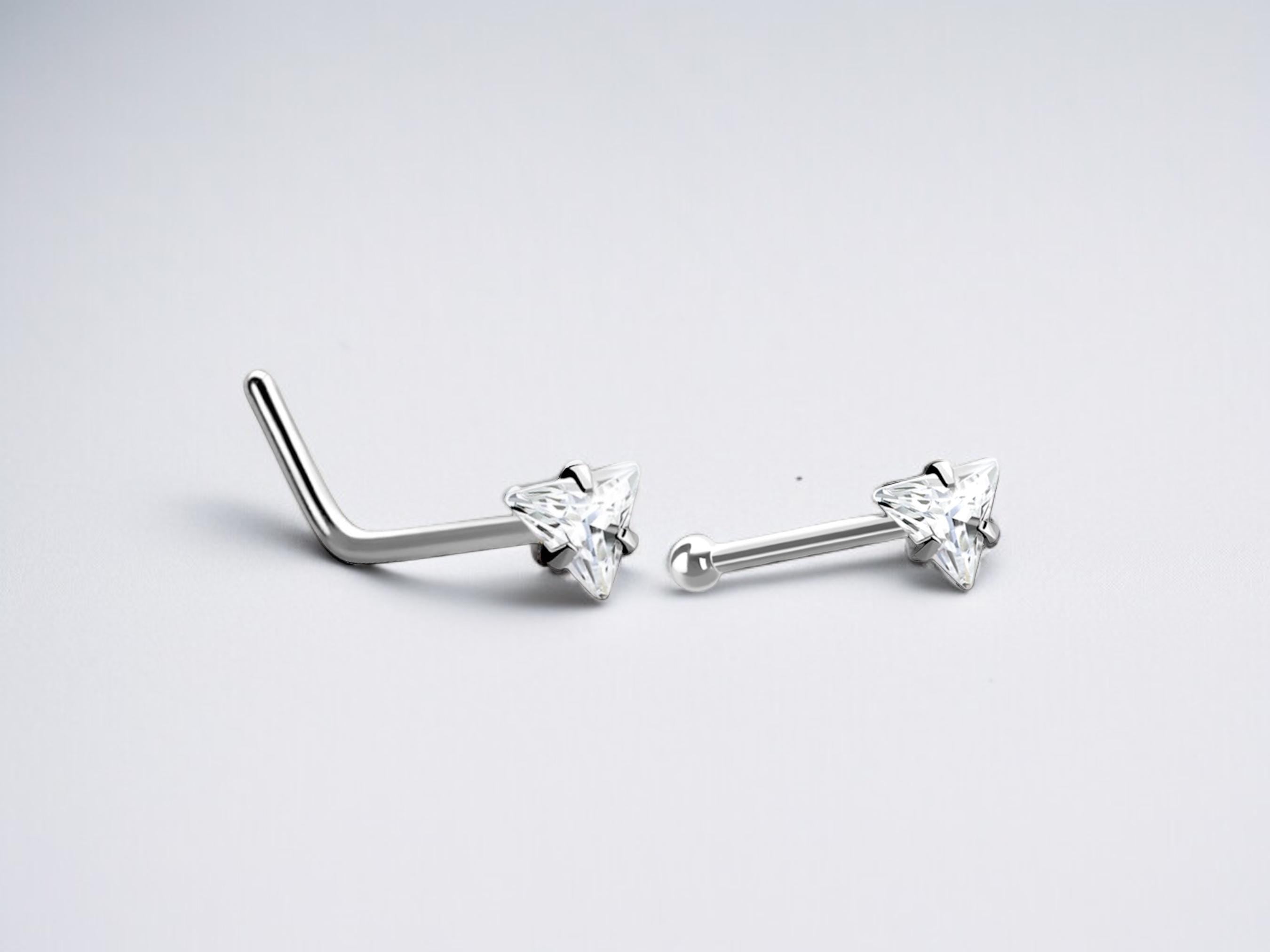 20G Silver Triangle CZ Nose Stud – L-Shape Prong Ball Nose Piercing