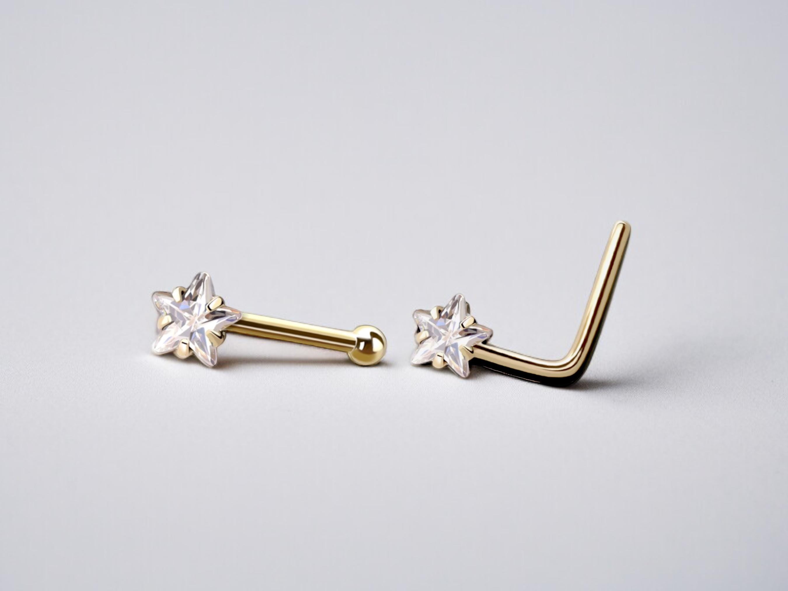 20G Prong Star Clear Gem Gold Nose Stud with Ball, L Shaped Nose Stud, Nose Piercing, Simple Style Nose Piercing Jewelry