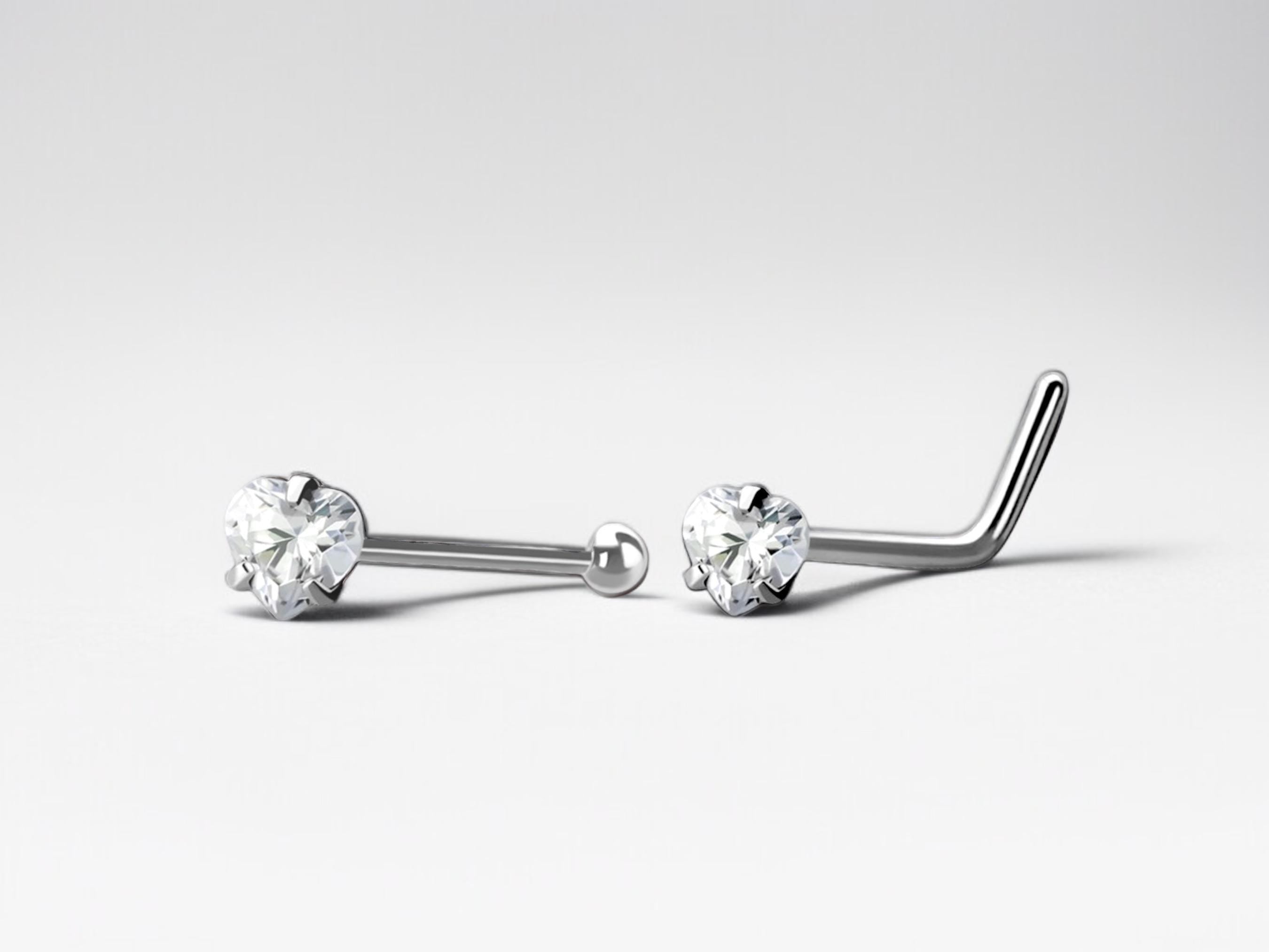 20G Prong Heart Clear Gem Silver Nose Stud with Ball, L Shaped Nose Stud, Nose Piercing, Simple Style Nose Piercing Jewelry