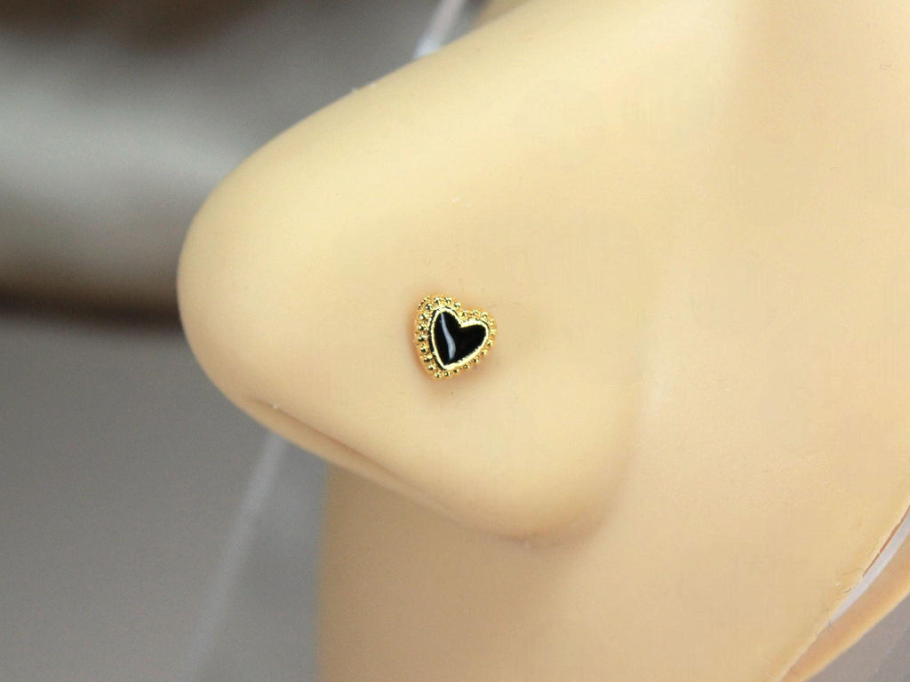 Gold Black Heart Nose Stud – 20G Straight Nose Piercing Ring