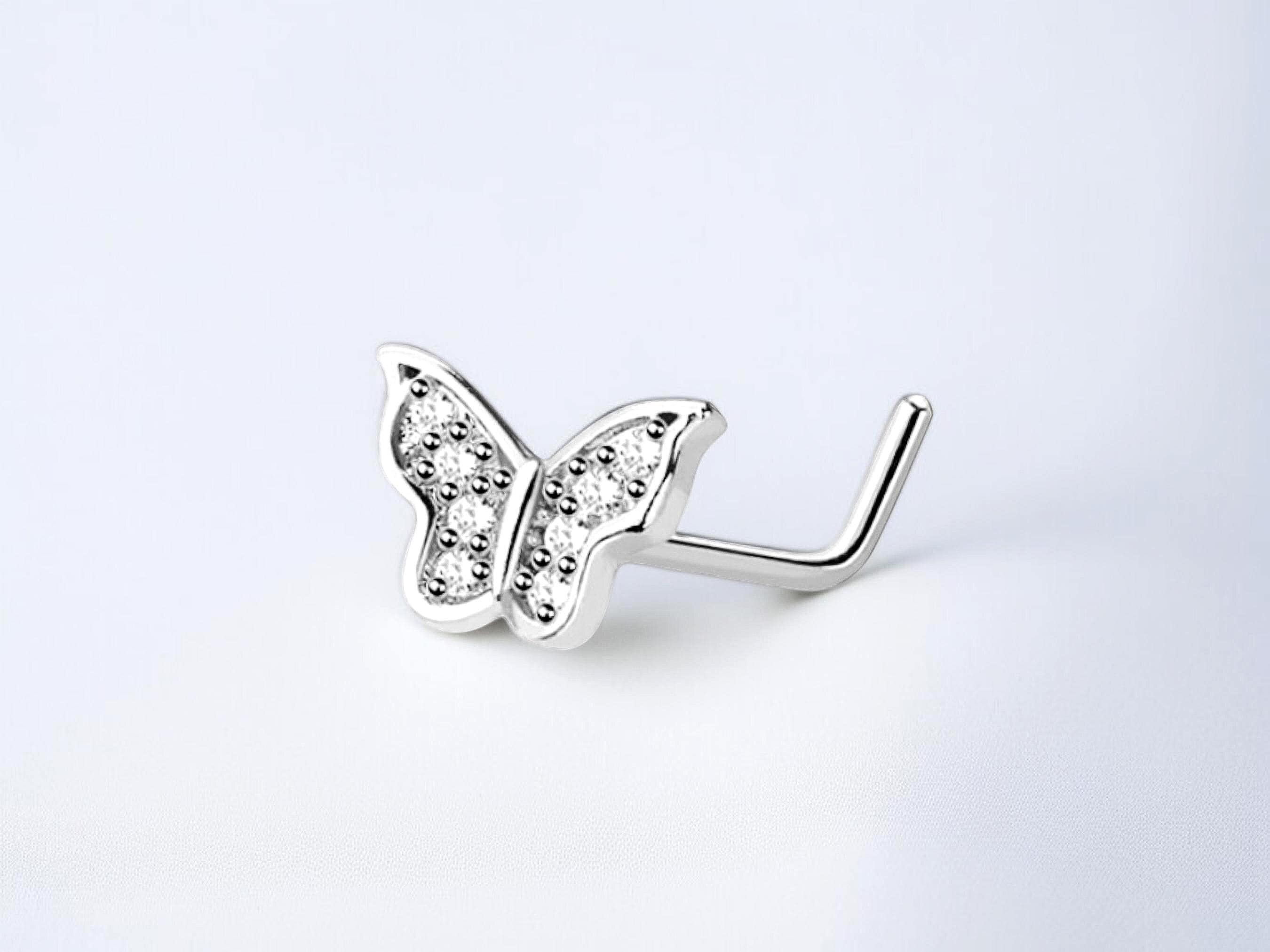 20G Butterfly L-Shape Nose Stud – Silver CZ Nose Piercing