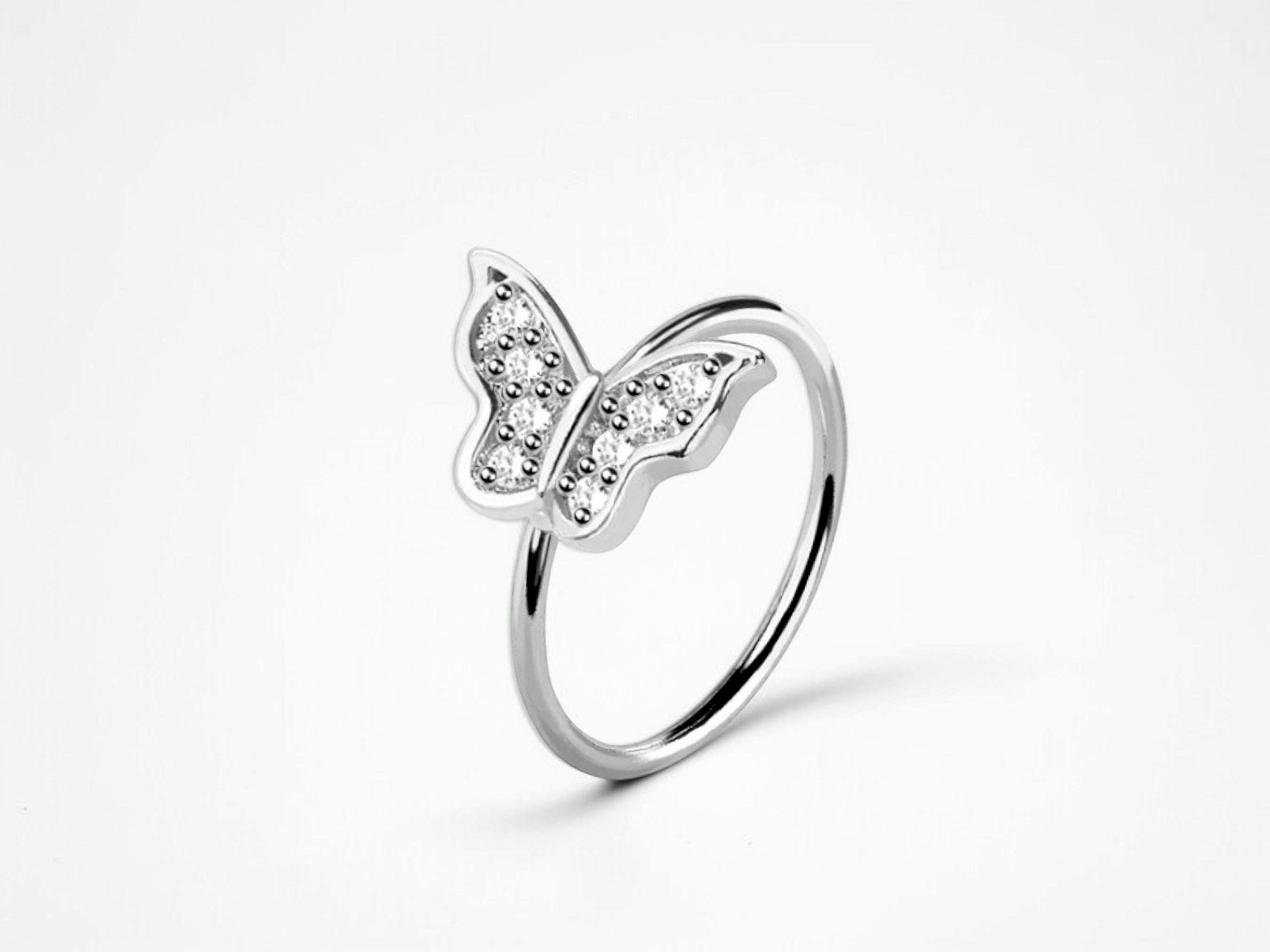 Butterfly Nose Ring Hoop: 20G Surgical Steel, CZ Gem (8mm)