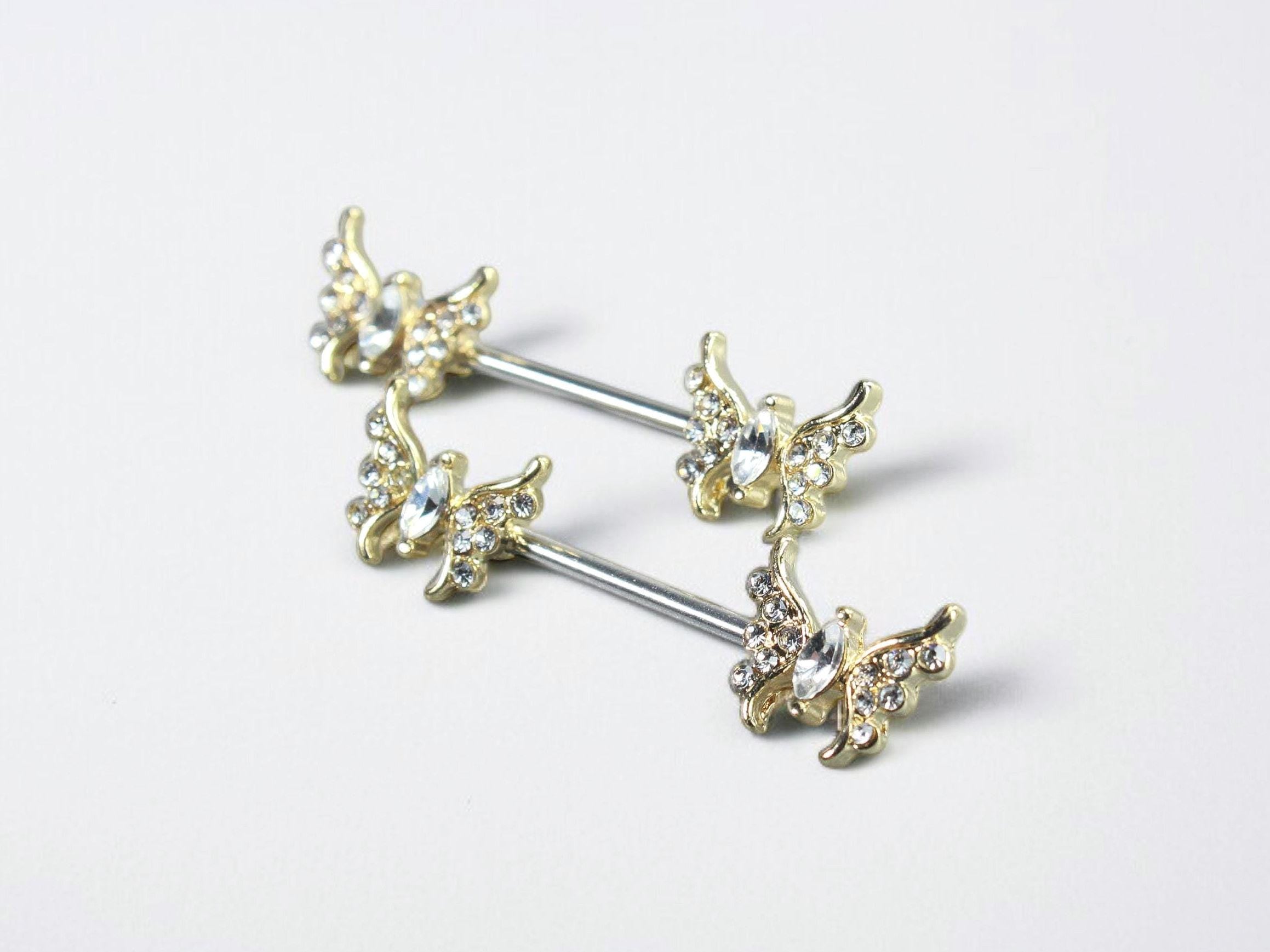 Gold Butterfly Nipple Ring, Nipple Piercing Jewelry, Butterfly End Nipple Barbell