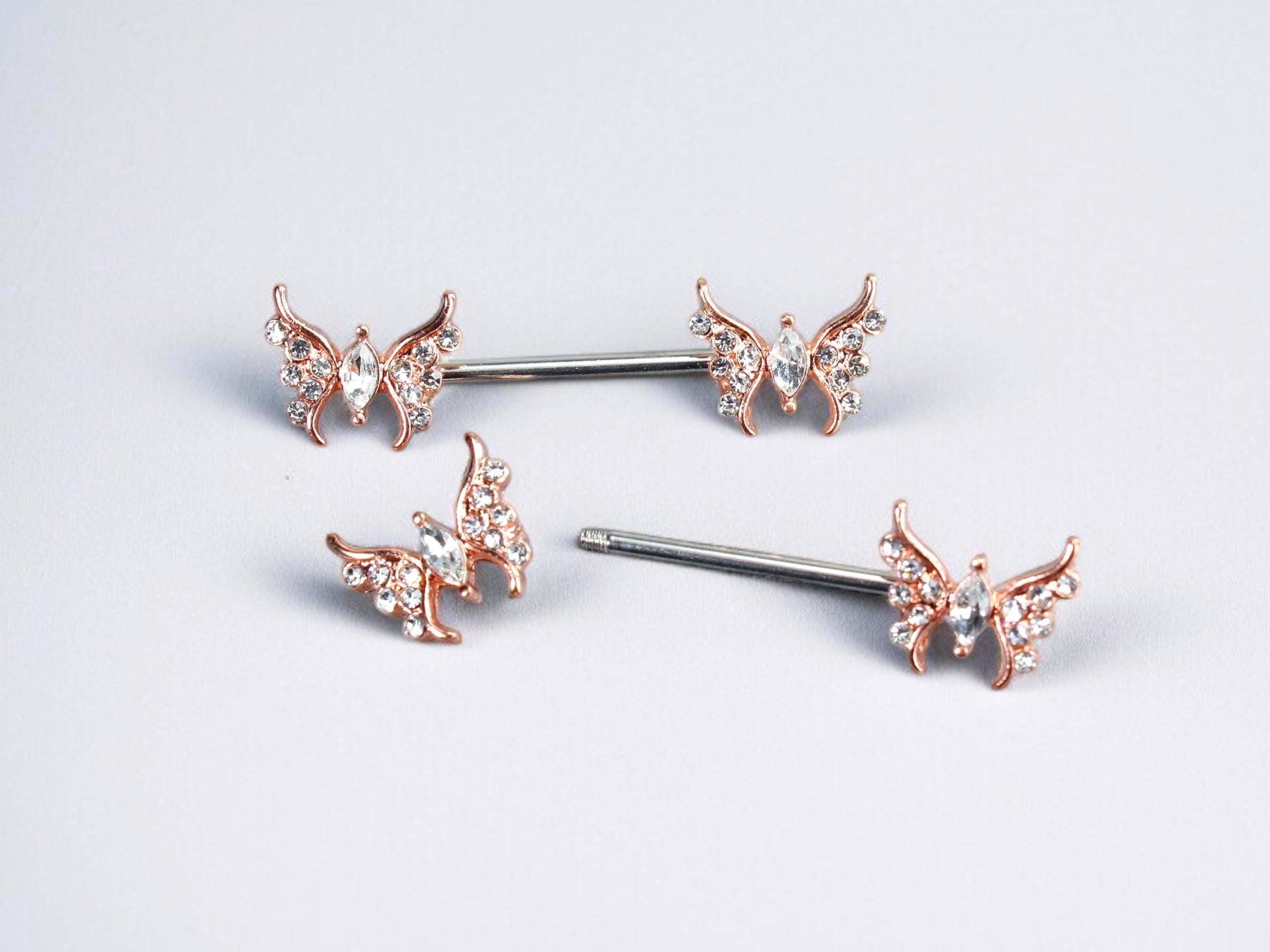 Rose Gold Butterfly Nipple Barbell, CZ Gem Surgical Steel Piercing, Nipple Piercing Ring, 14g Nipple Jewelry