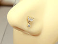 14K Floral Marquise Gold Nose Stud, 20G Dainty Dangling Gem Nose Stud, L Shape Corkscrew Nose Piercing, Sparkly Gem Marquise Nose Jewelry