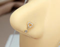 14K Heart Gold Nose Stud, 20G Dainty Dangling Gem Nose Stud, L Shape Corkscrew Nose Piercing, Sparkly Gem Open Heart Nose Jewelry Ring
