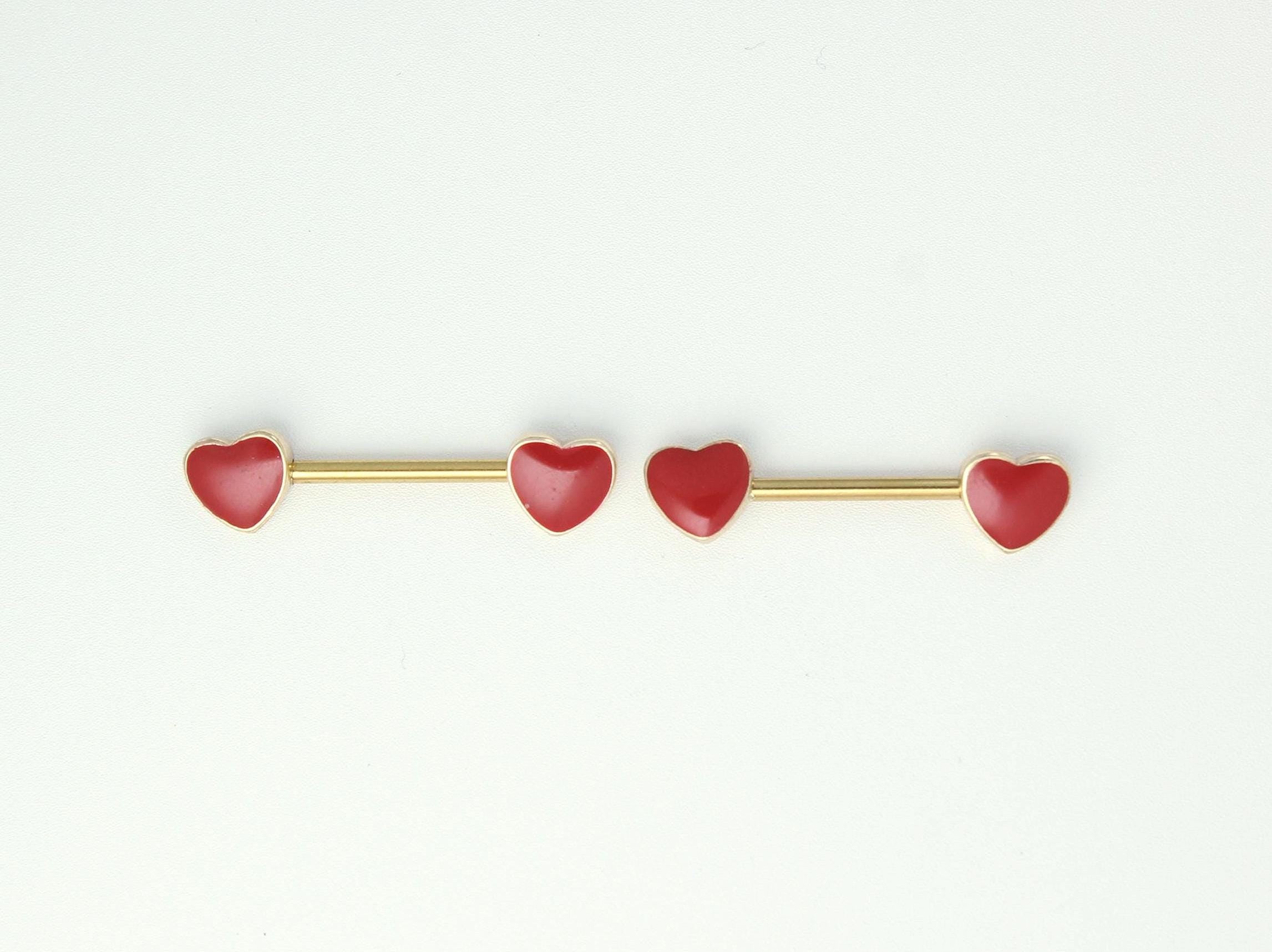 Pair of Red Heart Nipple Barbells, Heart Decor Nipple Piercing, 14G Gold Accent Nipple Ring Jewelry, Enamel Heart Body Jewelry