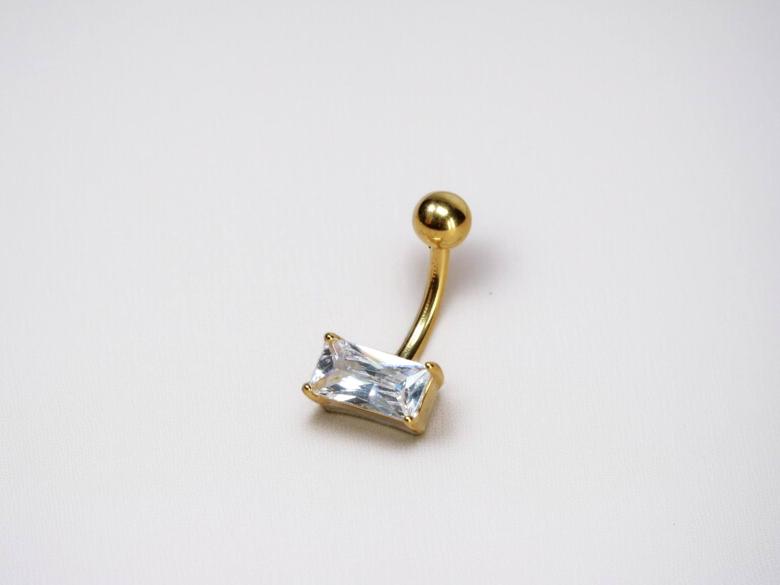 14G Gold Rectangle CZ Gem Belly Ring, Dainty Gem Decor Navel Ring, Emerald Cut Navel Piercing Jewelery