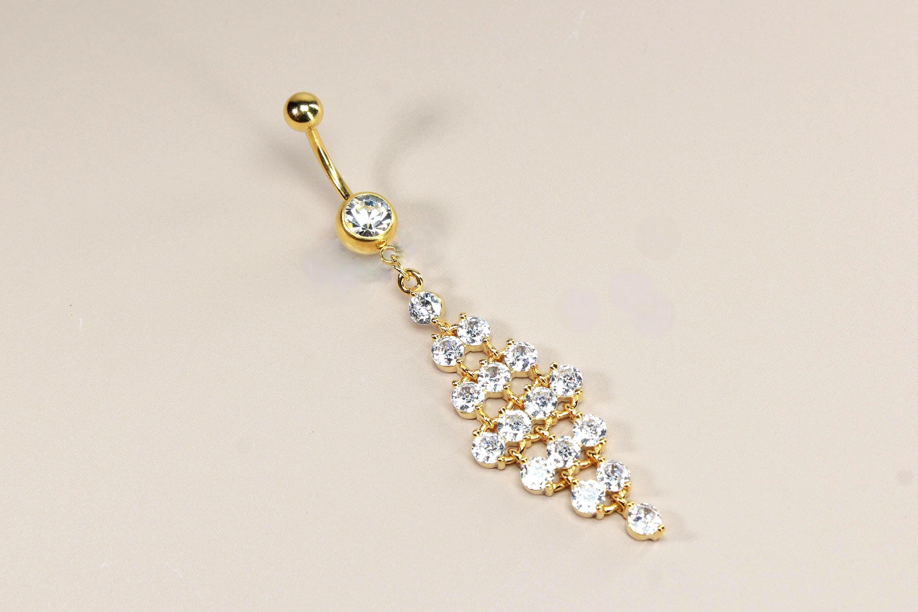 Gold Chandelier Belly Ring, Double Jeweled CZ Gem Long Dangle Belly Button Ring, 14g Gold Navel Ring, Aesthetic Belly Ring