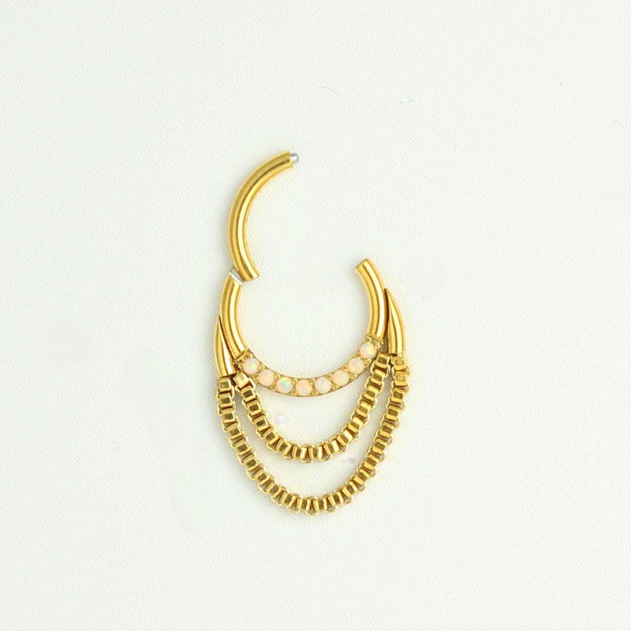 16g Gold Septum Clicker Ring, Dangling Double Chain with Opal Accent Hinged Septum Ring Hoop Piercing, Gold Nose Jewelry, Septum Jewelry
