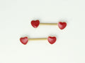 Pair of Red Heart Nipple Barbells, Heart Decor Nipple Piercing, 14G Gold Accent Nipple Ring Jewelry, Enamel Heart Body Jewelry