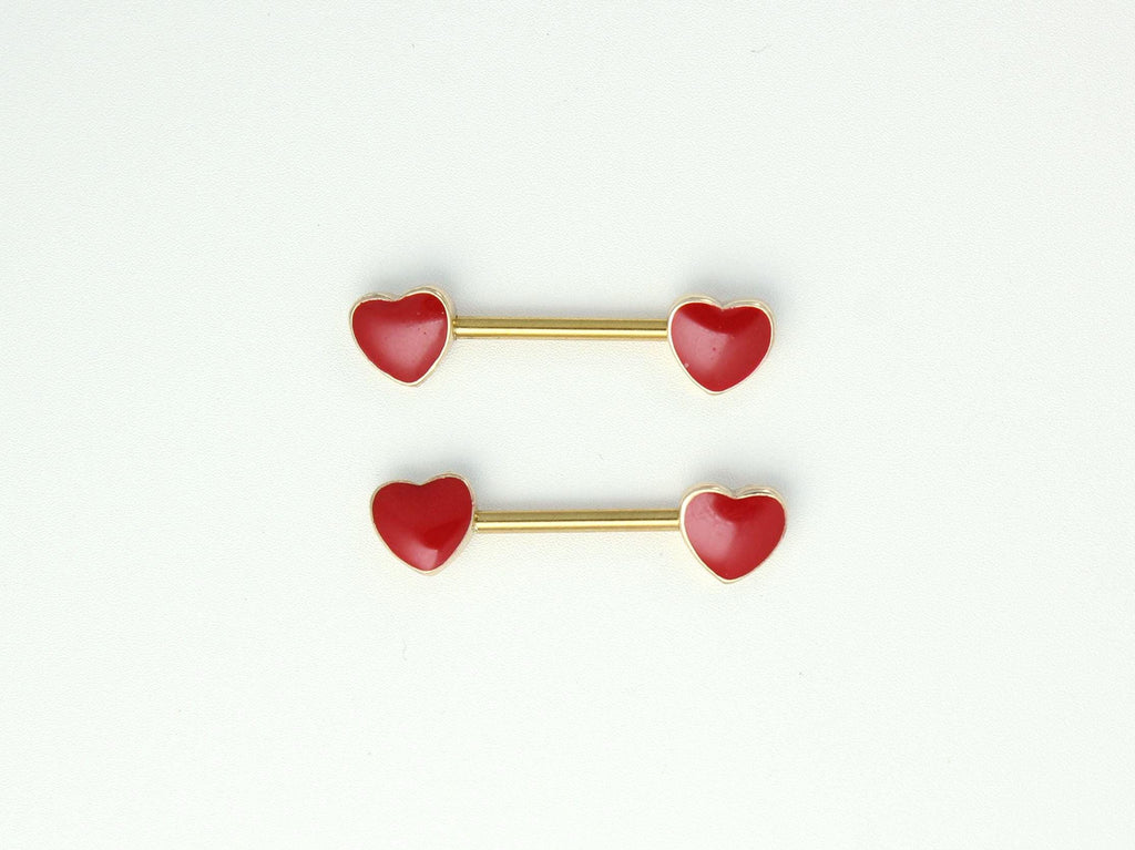 Pair of Red Heart Nipple Barbells, Heart Decor Nipple Piercing, 14G Gold Accent Nipple Ring Jewelry, Enamel Heart Body Jewelry
