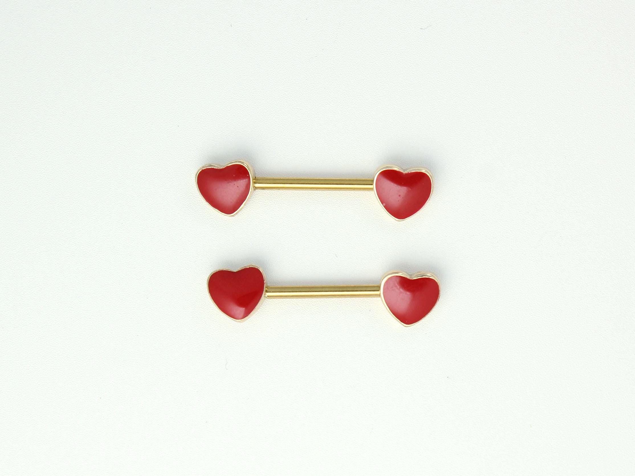 Pair of Red Heart Nipple Barbells, Heart Decor Nipple Piercing, 14G Gold Accent Nipple Ring Jewelry, Enamel Heart Body Jewelry