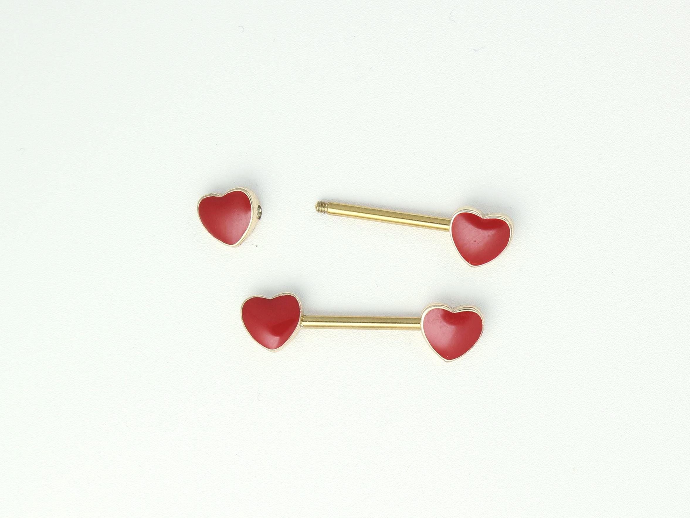 Pair of Red Heart Nipple Barbells, Heart Decor Nipple Piercing, 14G Gold Accent Nipple Ring Jewelry, Enamel Heart Body Jewelry