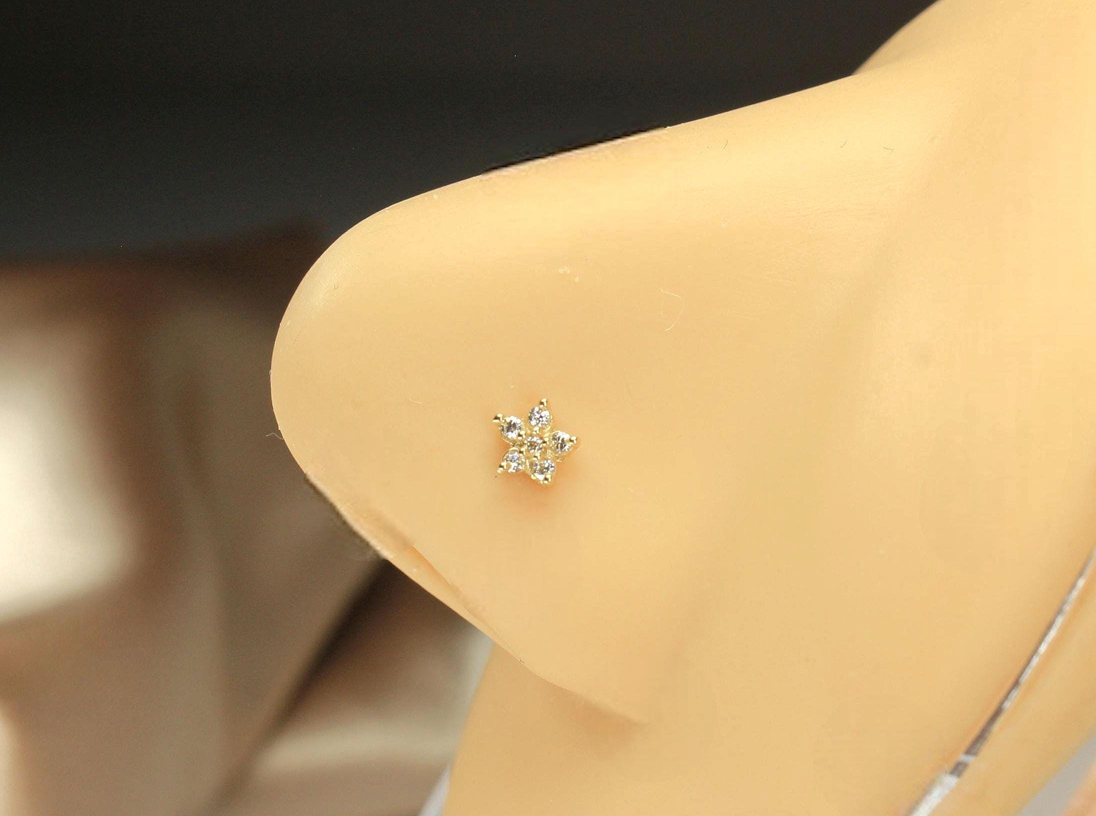 14K Gold Floral Nose Stud, Dainty Gem Corkscrew Nose Ring, 20G L Shape Nose Piercing Jewelry, Cute Gold Nose Pin