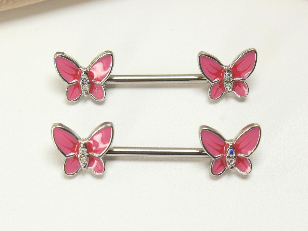 Pink Butterfly Nipple Barbell, 14G Dainty Butterfly Nipple Piercing Ring, Nipple Jewelry, Enamel Body Jewelry