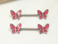Pink Butterfly Nipple Barbell, 14G Dainty Butterfly Nipple Piercing Ring, Nipple Jewelry, Enamel Body Jewelry