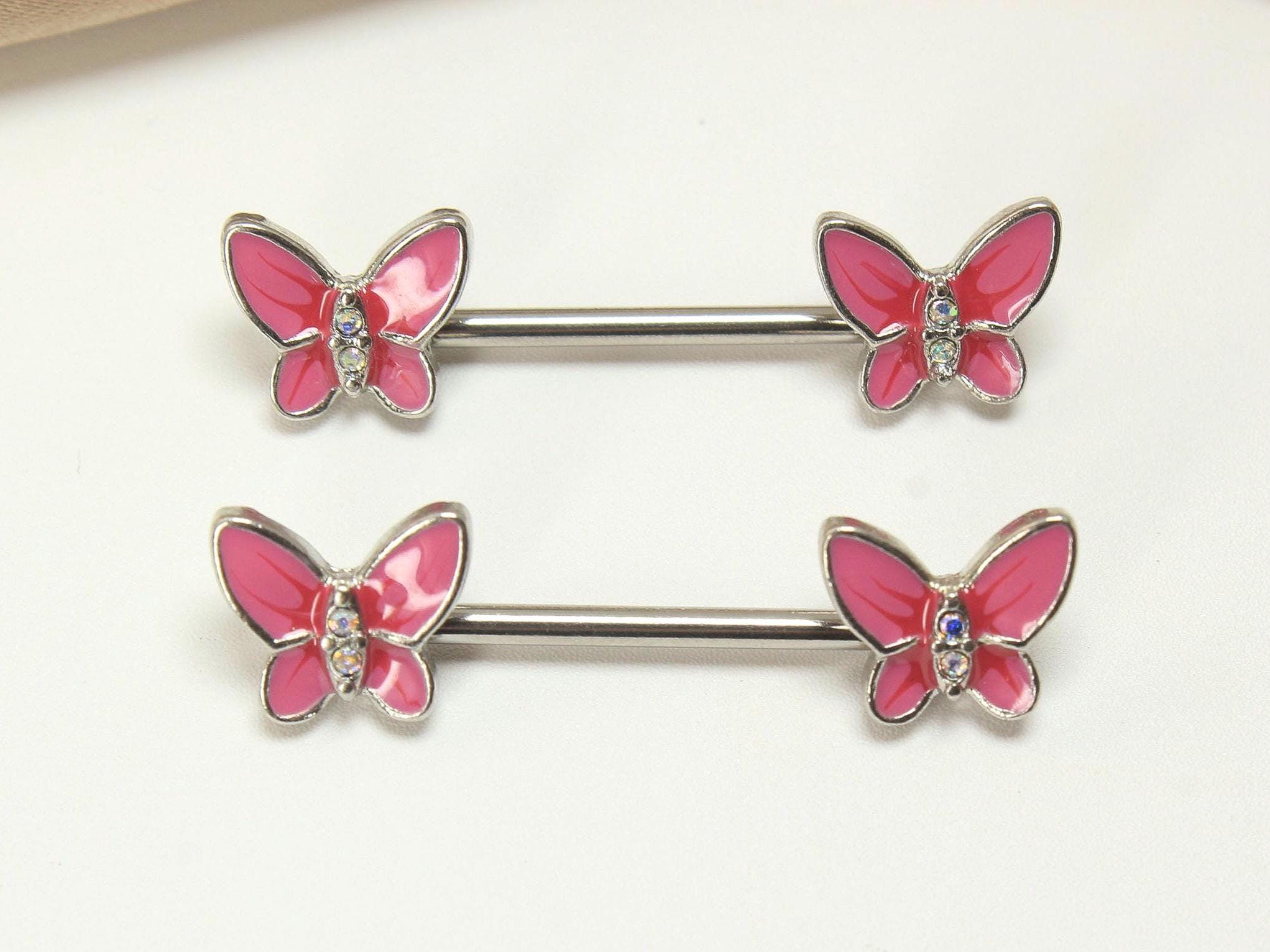 Pink Butterfly Nipple Barbell, 14G Dainty Butterfly Nipple Piercing Ring, Nipple Jewelry, Enamel Body Jewelry