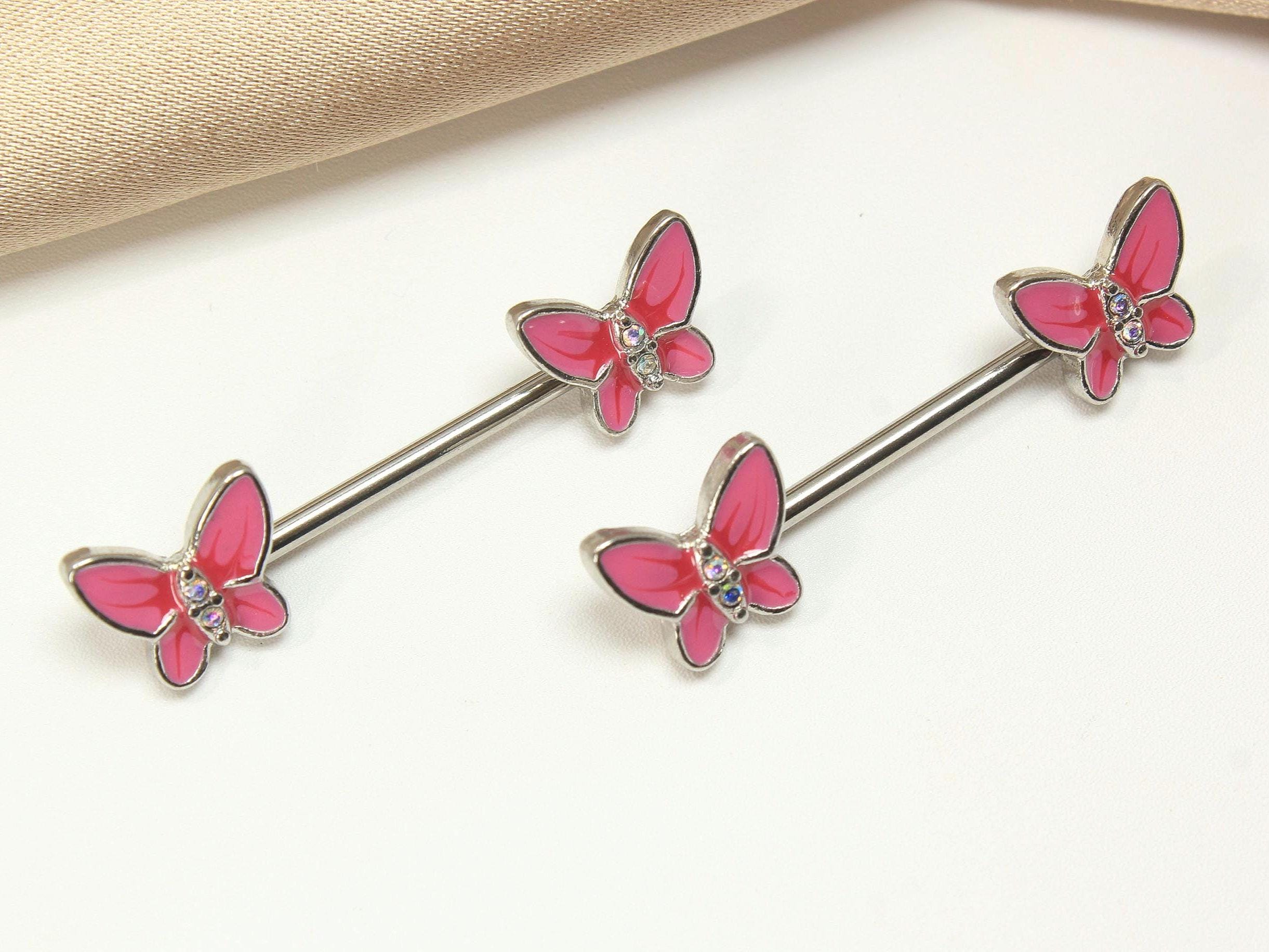 Pink Butterfly Nipple Barbell, 14G Dainty Butterfly Nipple Piercing Ring, Nipple Jewelry, Enamel Body Jewelry