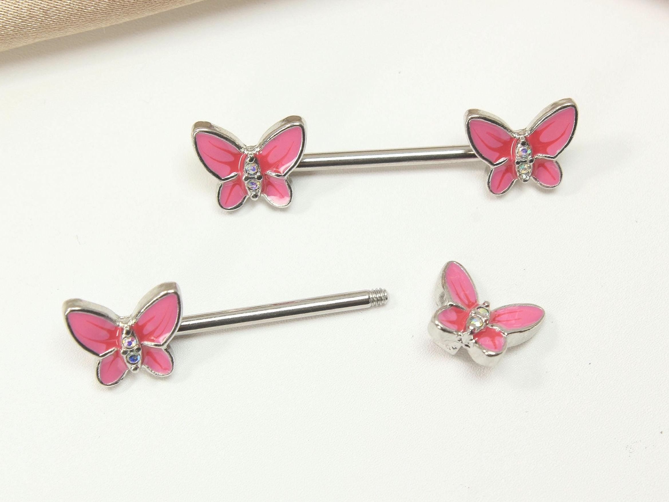 Pink Butterfly Nipple Barbell, 14G Dainty Butterfly Nipple Piercing Ring, Nipple Jewelry, Enamel Body Jewelry