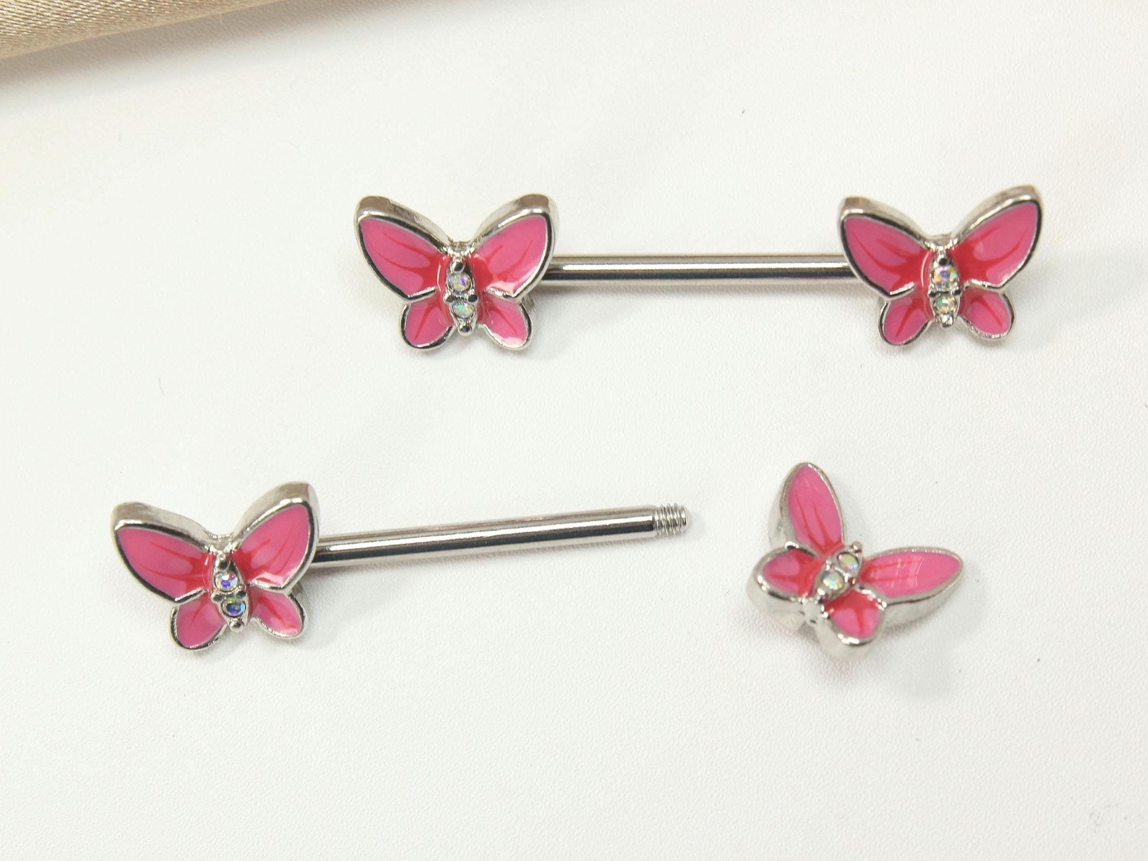 Pink Butterfly Nipple Barbell, 14G Dainty Butterfly Nipple Piercing Ring, Nipple Jewelry, Enamel Body Jewelry