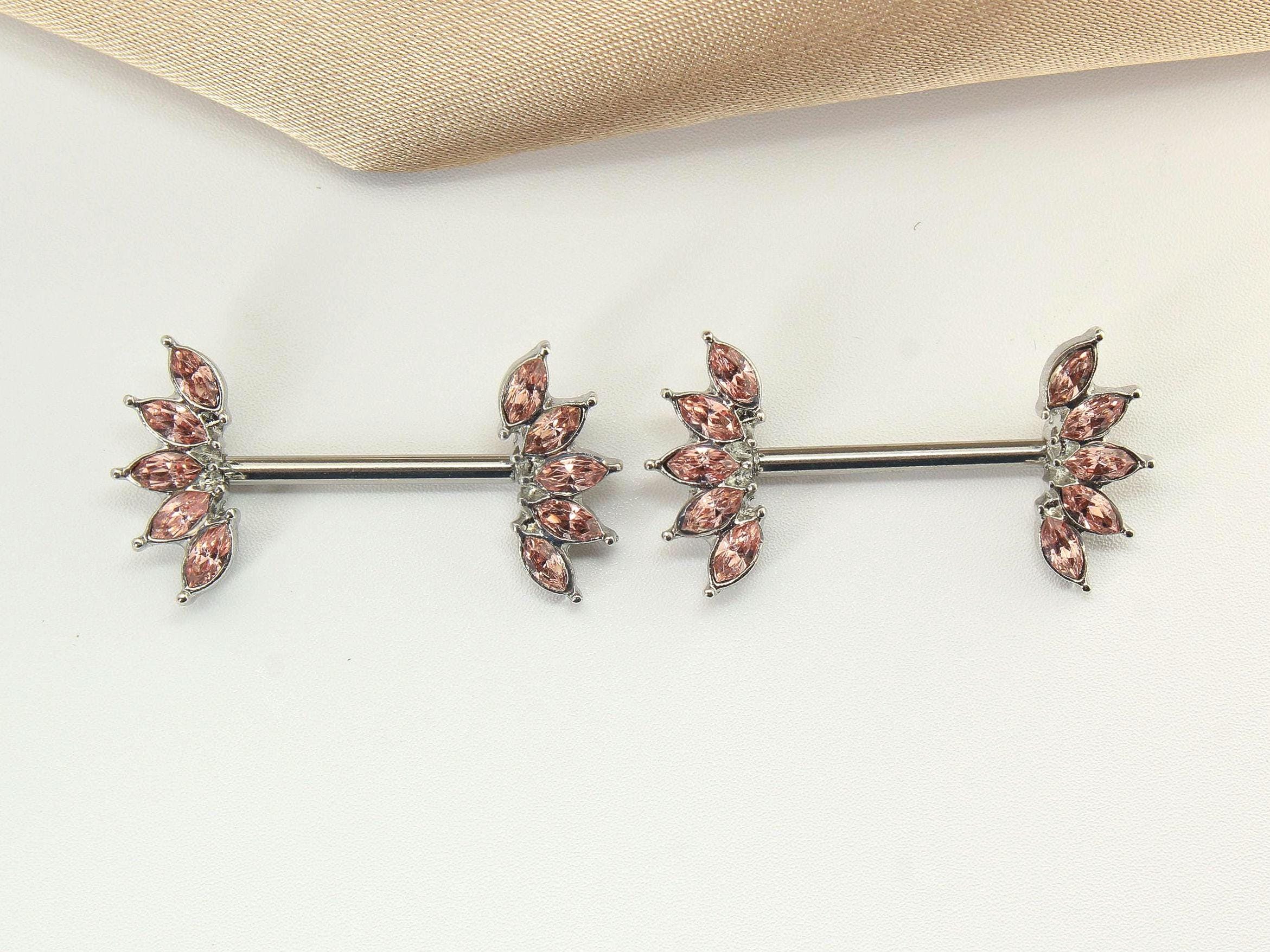 14G Pink Nipple Barbell, Floral Petal Marquise Gem Nipple Ring, Pair of Crystal Pink Nipple Piercing Sheild, Body Jewelry