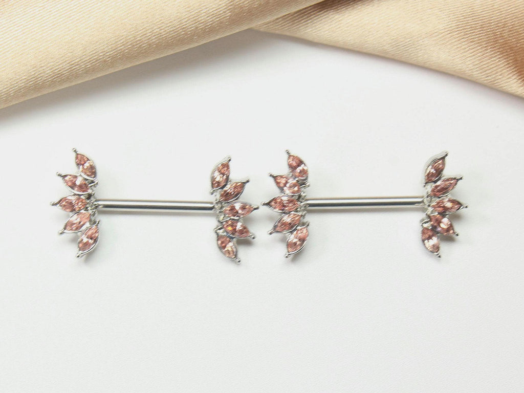 14G Pink Nipple Barbell, Floral Petal Marquise Gem Nipple Ring, Pair of Crystal Pink Nipple Piercing Sheild, Body Jewelry