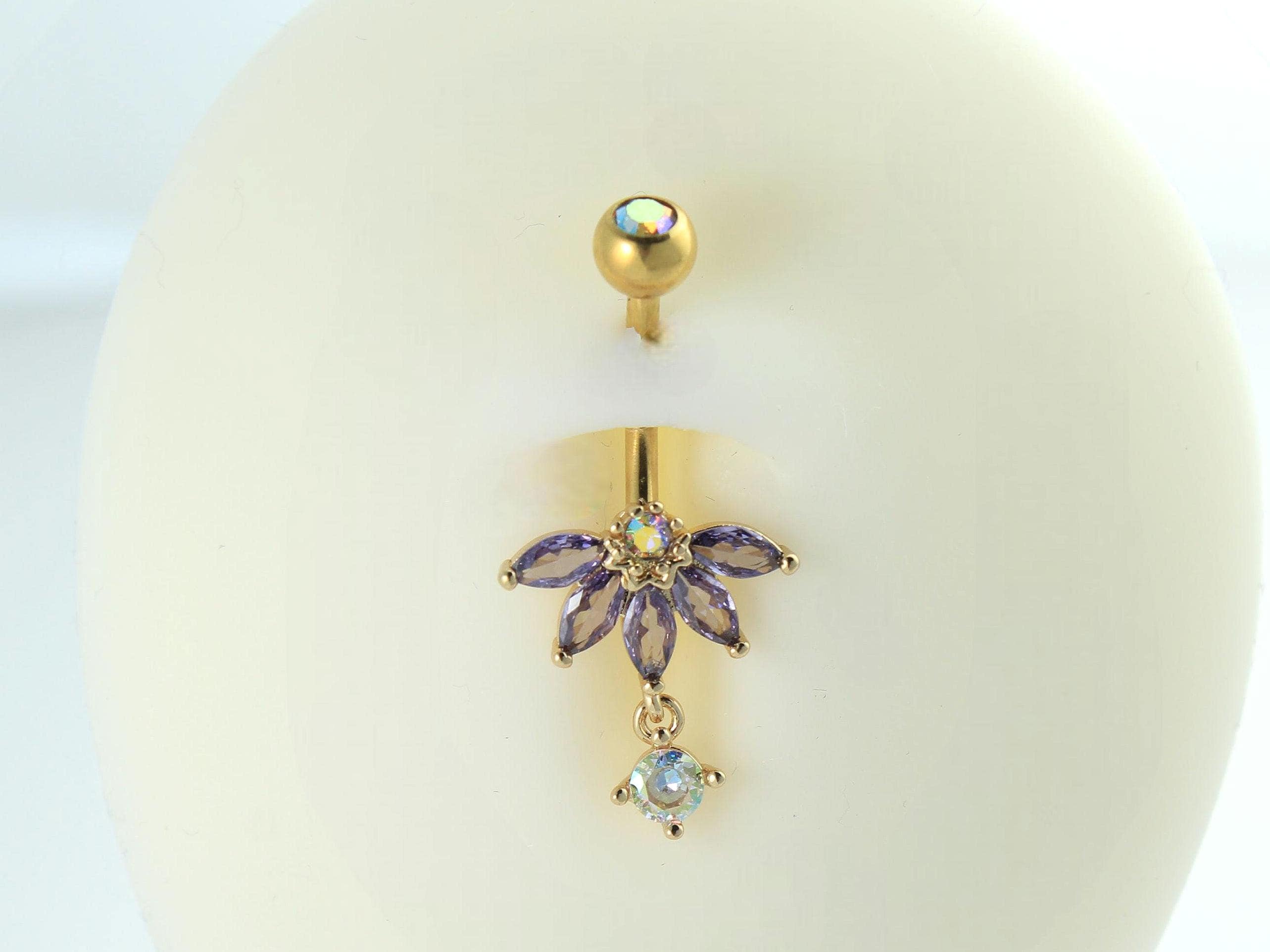 Floral Dangling Belly Button Ring, 14g Cute Petal Decor Purple Marquise Amethyst Gemstone Belly Ring, Gold Navel Ring Piercing Jewelry