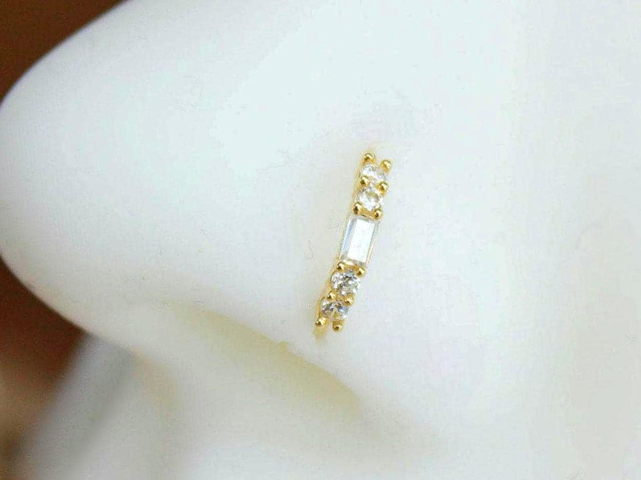 14k Gold Nose Hoop Ring, Solid Gold Baguette Gem Nose Piercing Ring, 20g Nose Cartilage Piercing