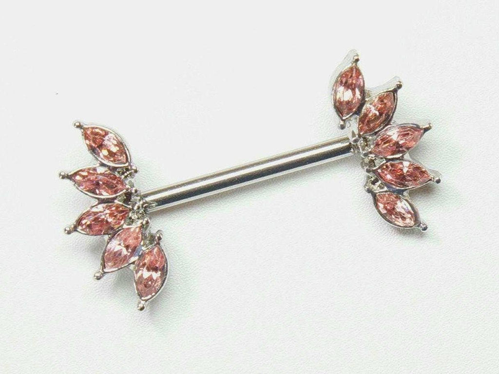14G Pink Nipple Barbell, Floral Petal Marquise Gem Nipple Ring, Pair of Crystal Pink Nipple Piercing Sheild, Body Jewelry