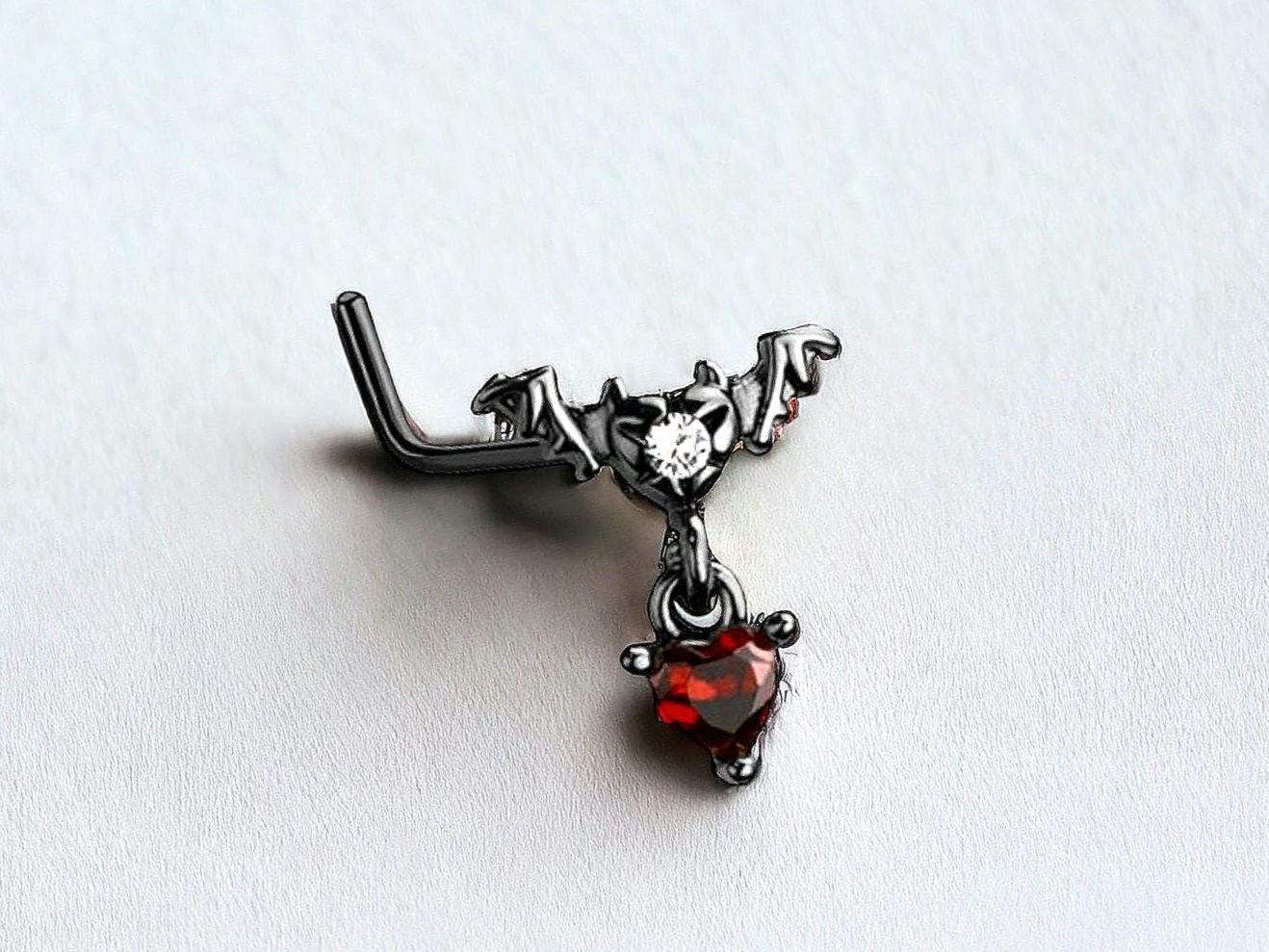 20G Bat L Shaped Nose Stud Halloween, Flying Bat with Red Heart CZ Push In Nose Stud. Simple Nose Piercing Jewelry