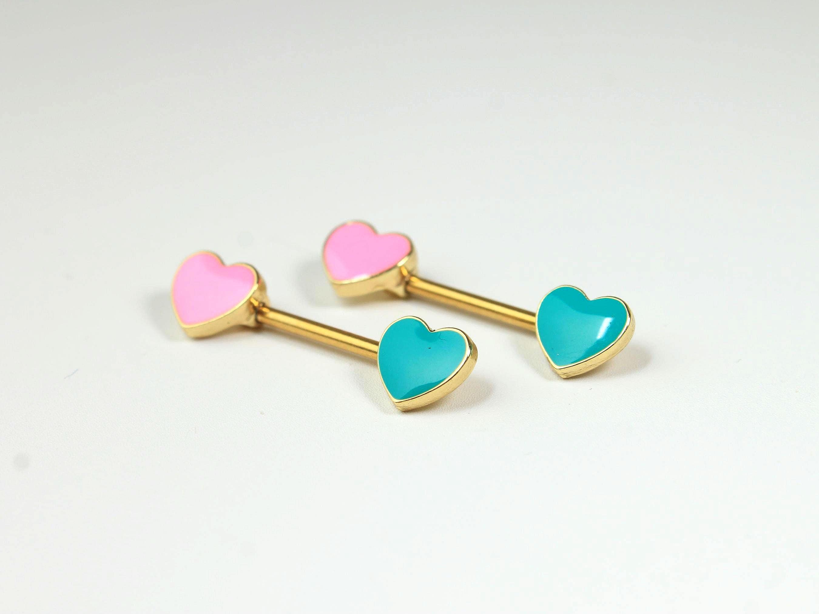 Heart Nipple Barbell, Multicolor Dainty Enamel Heart with Gold Accent Nipple Piercing Jewelry, 14G Heart Nipple Ring Jewelry