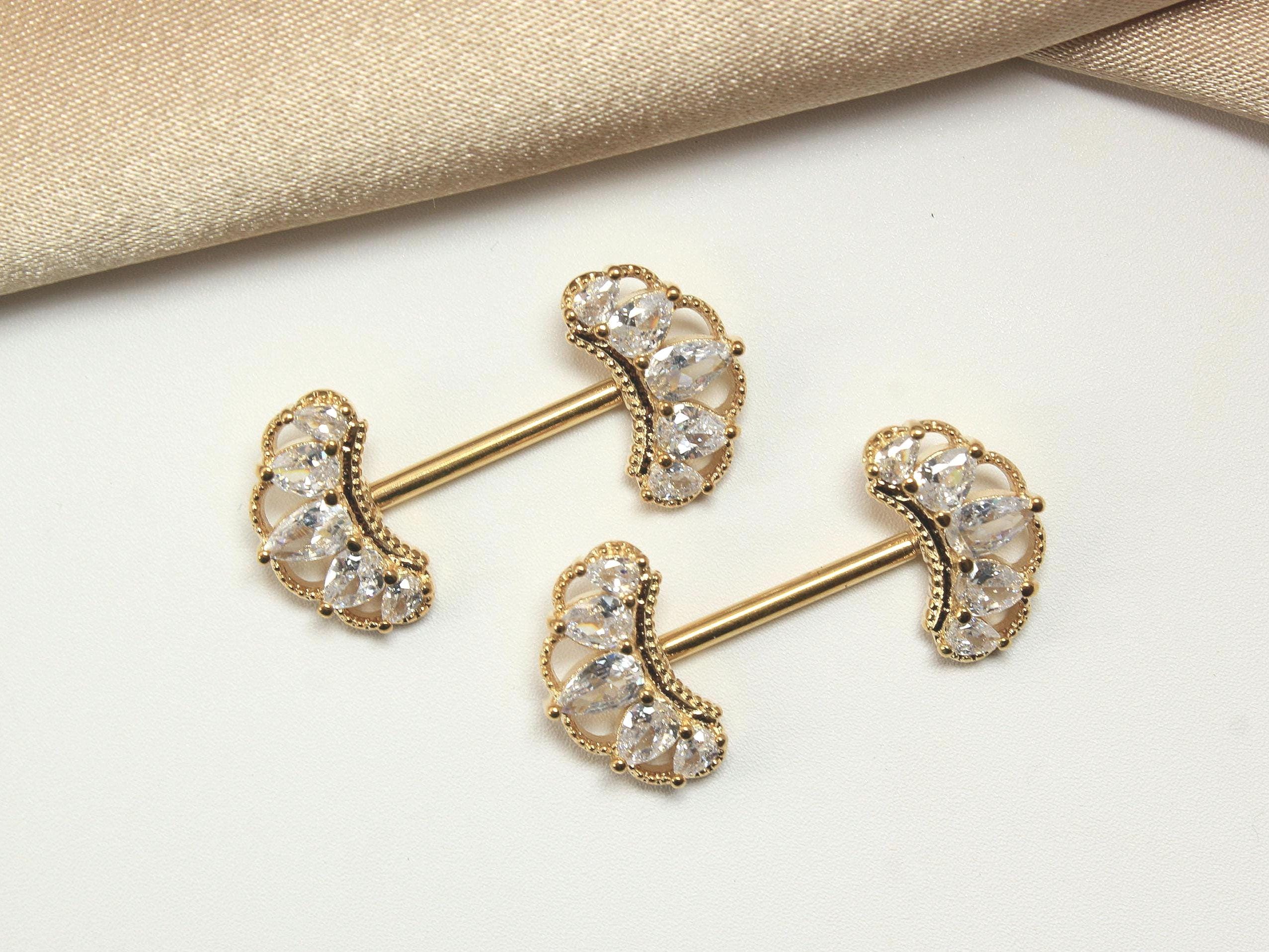 Gold Marquise Nipple Ring, 14G Sparkling Marquise Nipple Barbell Jewelry, Set of Floral Nipple Piercing Sheild, Gold Body Jewelry