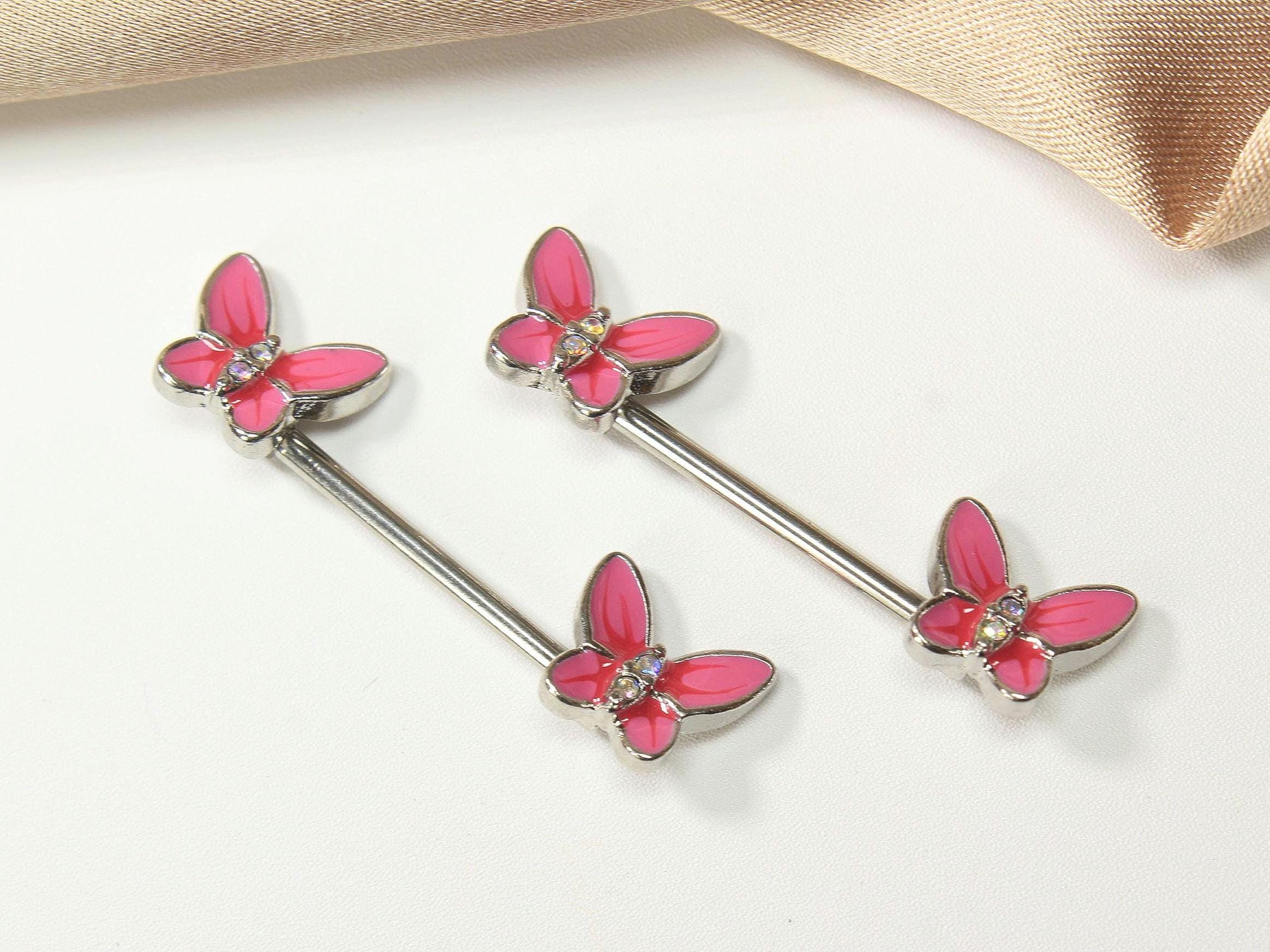 Pink Butterfly Nipple Barbell, 14G Dainty Butterfly Nipple Piercing Ring, Nipple Jewelry, Enamel Body Jewelry