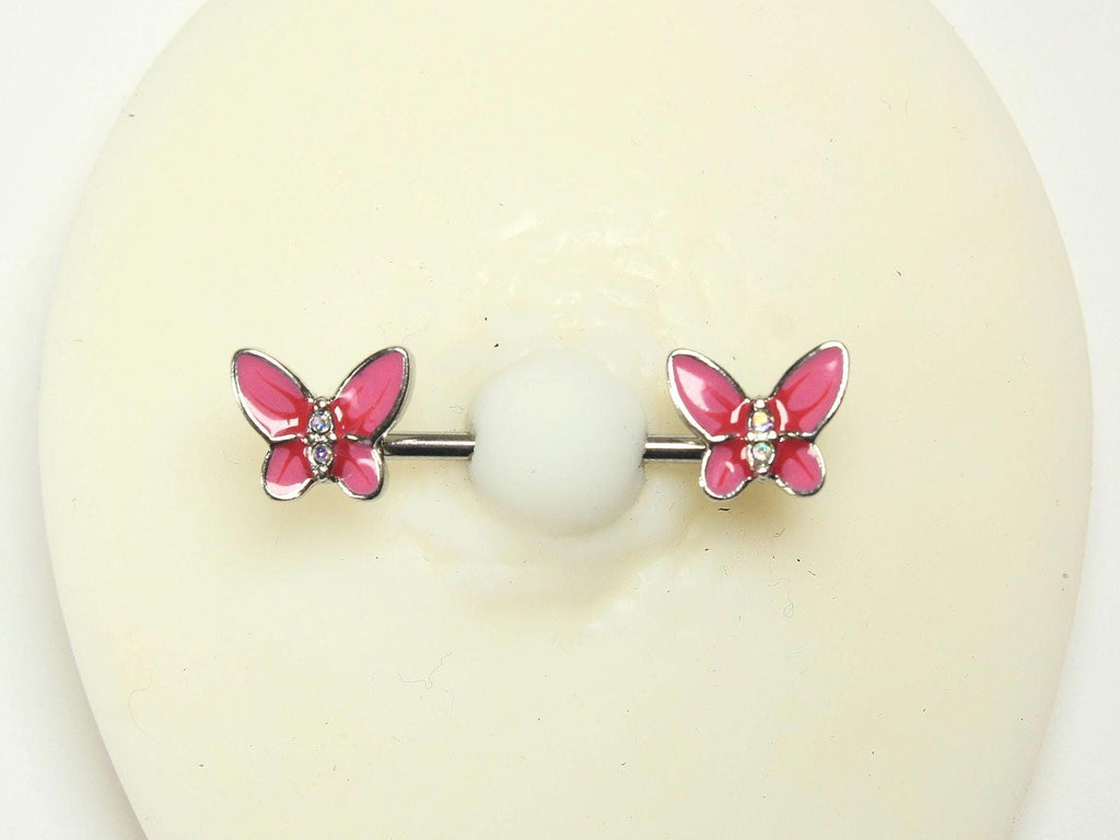 Pink Butterfly Nipple Barbell, 14G Dainty Butterfly Nipple Piercing Ring, Nipple Jewelry, Enamel Body Jewelry