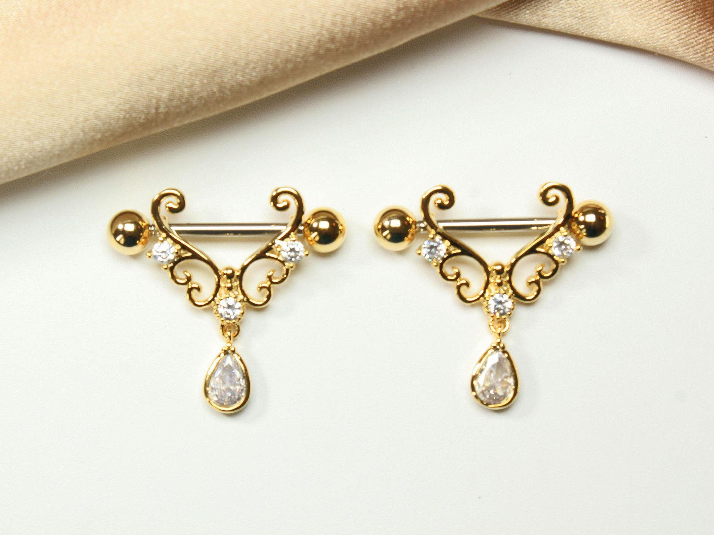 14G Gold Heart Nipple Barbell, Dangling Teardrop Heart Nipple Piercing Jewelry, Pair of Nipple Ring, Body Jewelry