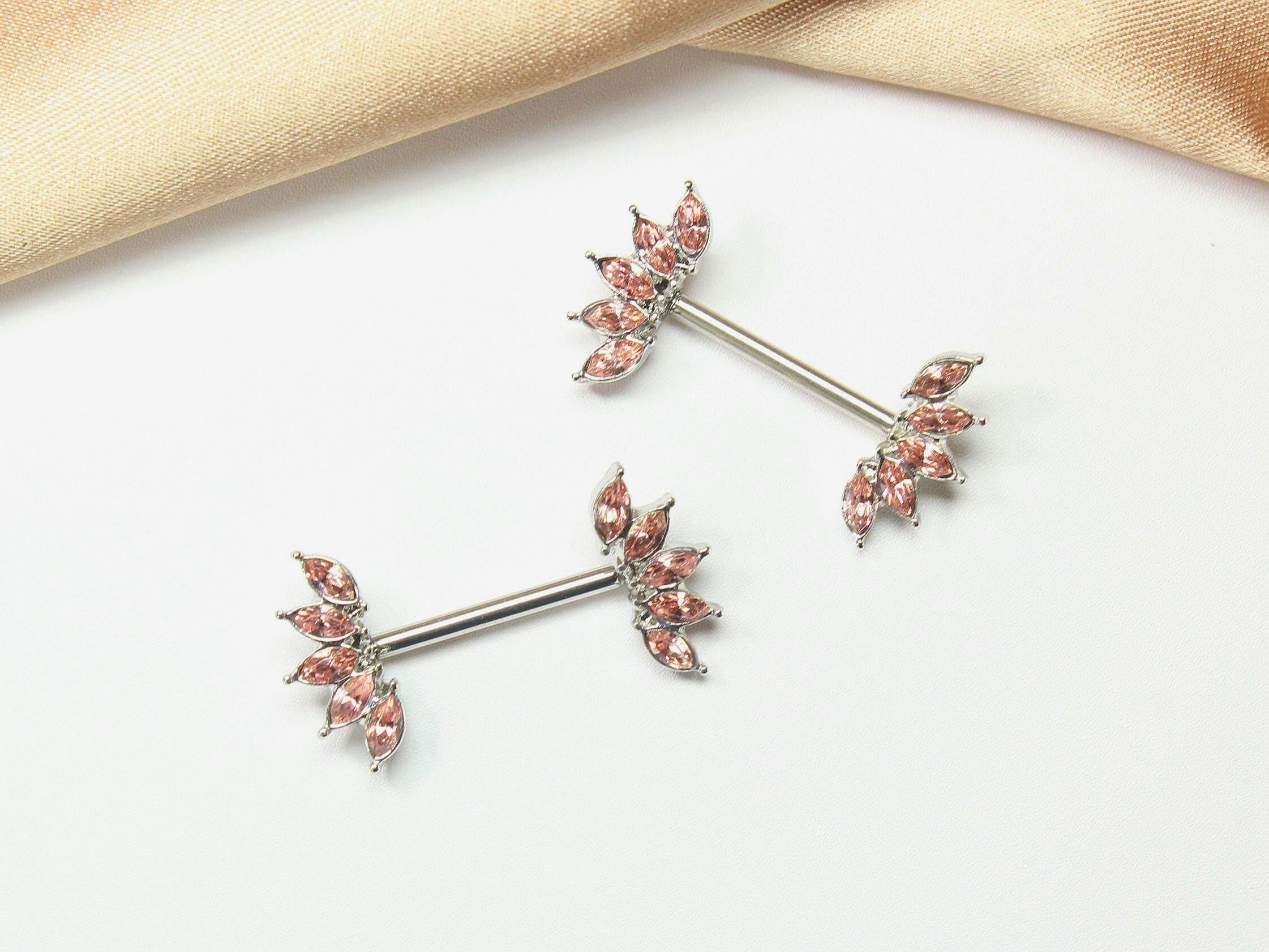 14G Pink Nipple Barbell, Floral Petal Marquise Gem Nipple Ring, Pair of Crystal Pink Nipple Piercing Sheild, Body Jewelry