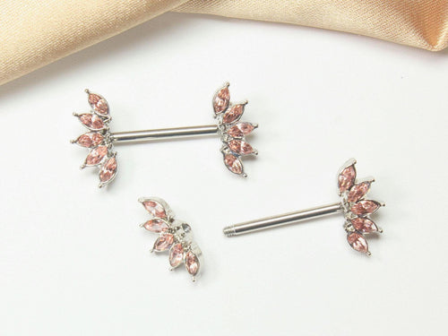 14G Pink Nipple Barbell, Floral Petal Marquise Gem Nipple Ring, Pair of Crystal Pink Nipple Piercing Sheild, Body Jewelry