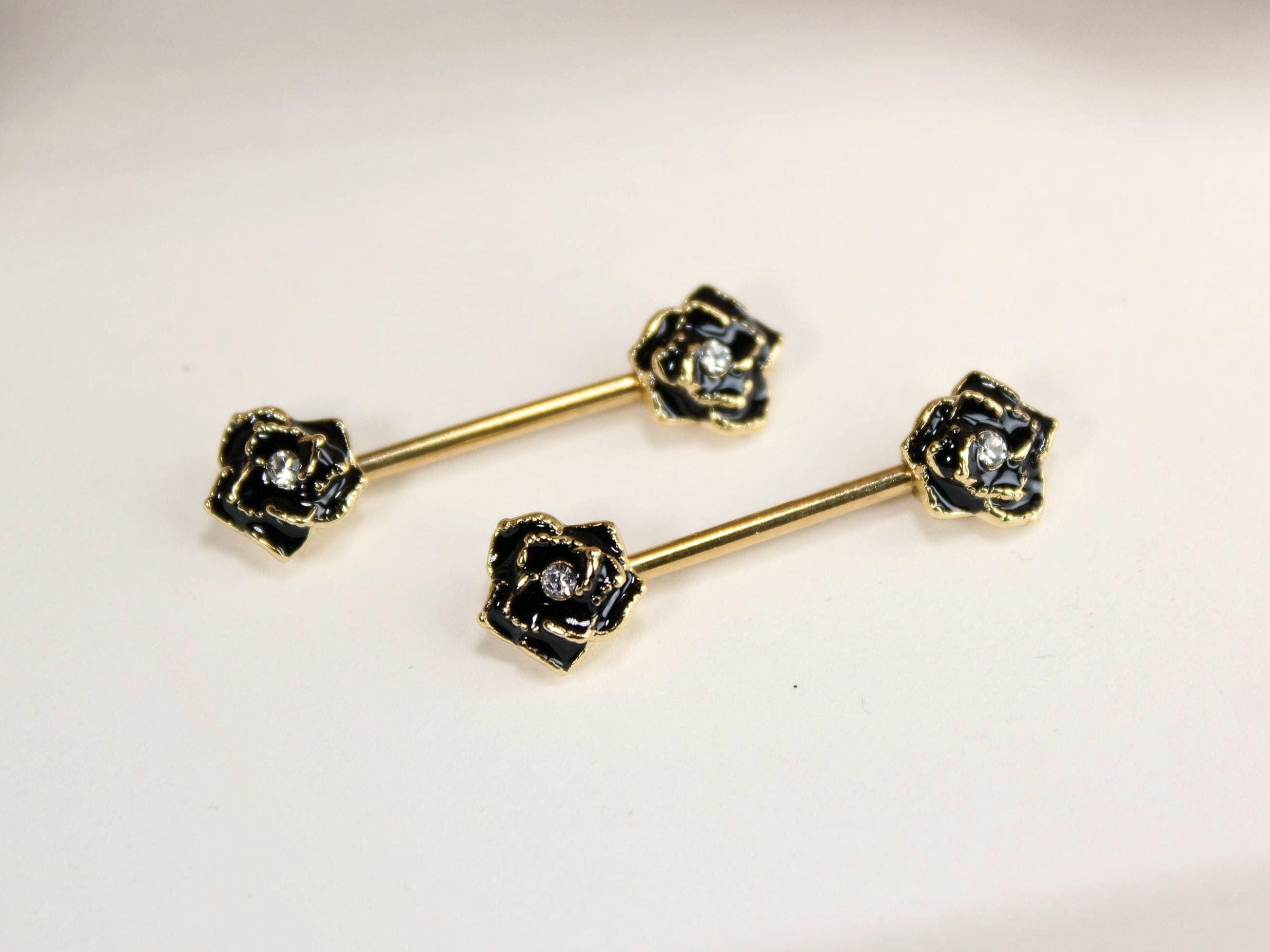 14G Rose Nipple Barbell, Black Rose End Nipple Ring Piercing, Pair of Flower Nipple Sheild Jewelry, Minimalist Body Piercing Jewelry