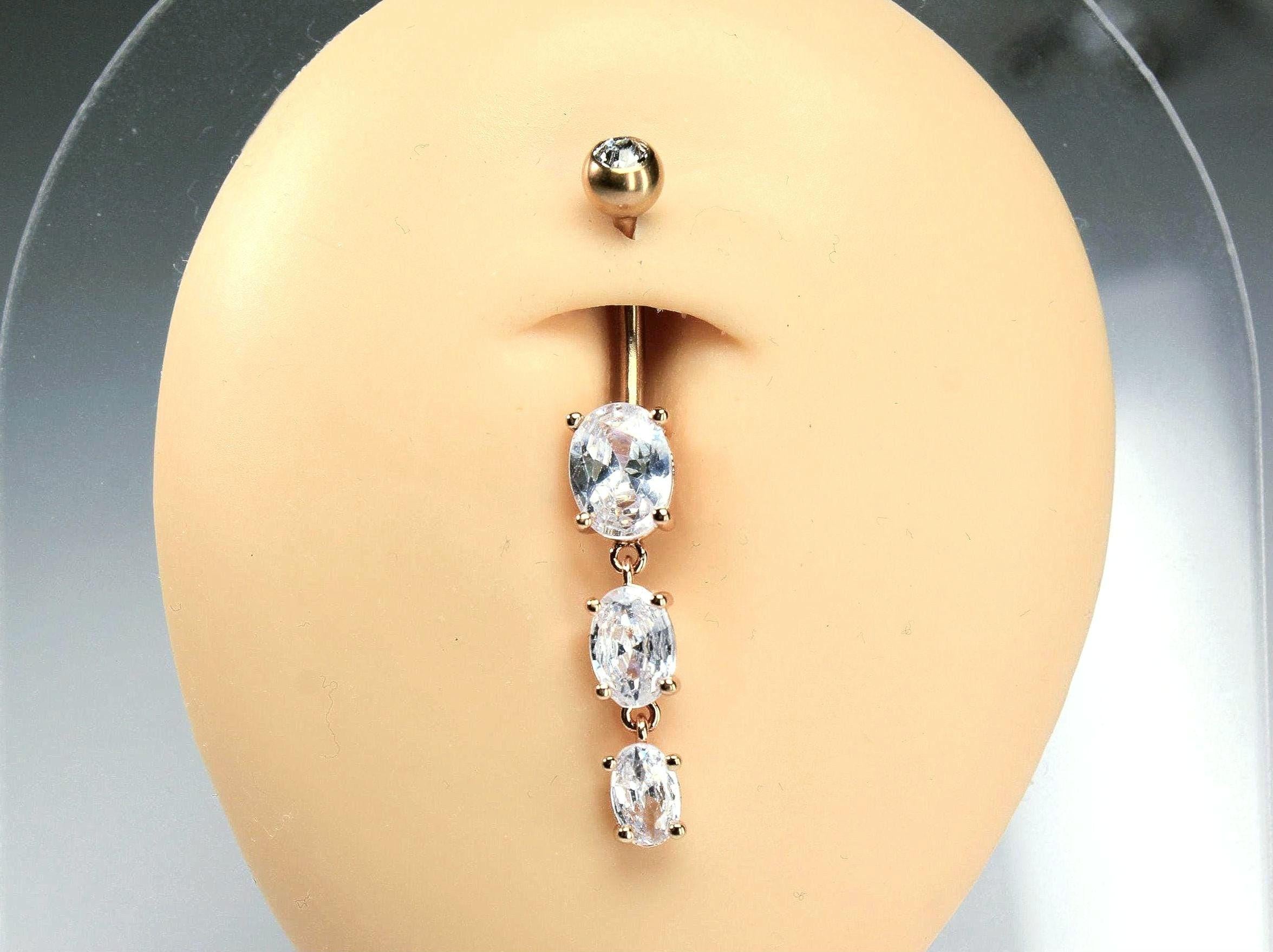 Beautiful Triple Oval Cz Gem Dangling Belly Ring, 14g Rose Gold Dangling Belly Piercing Ring, Navel Piercing Jewelry