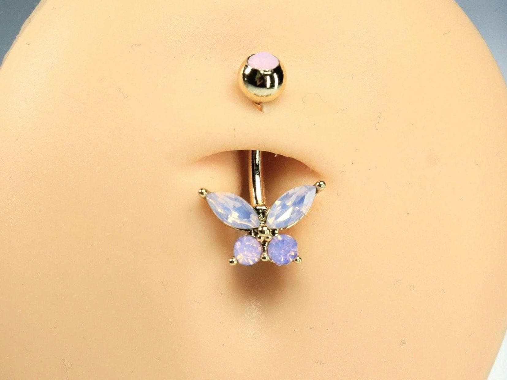 Butterfly Belly Ring, 14g Opal Decor Gold Belly Button Piercing Ring, Pink Opalite Navel Jewelry, Navel Piercing Ring