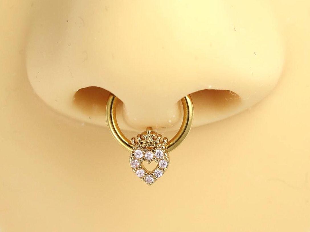 16g Pink Heart Septum Ring Hoop, Sparkling Gem Pink Heart Crown Style 8mm Surgical Steel Septum Piercing Hoop Ring