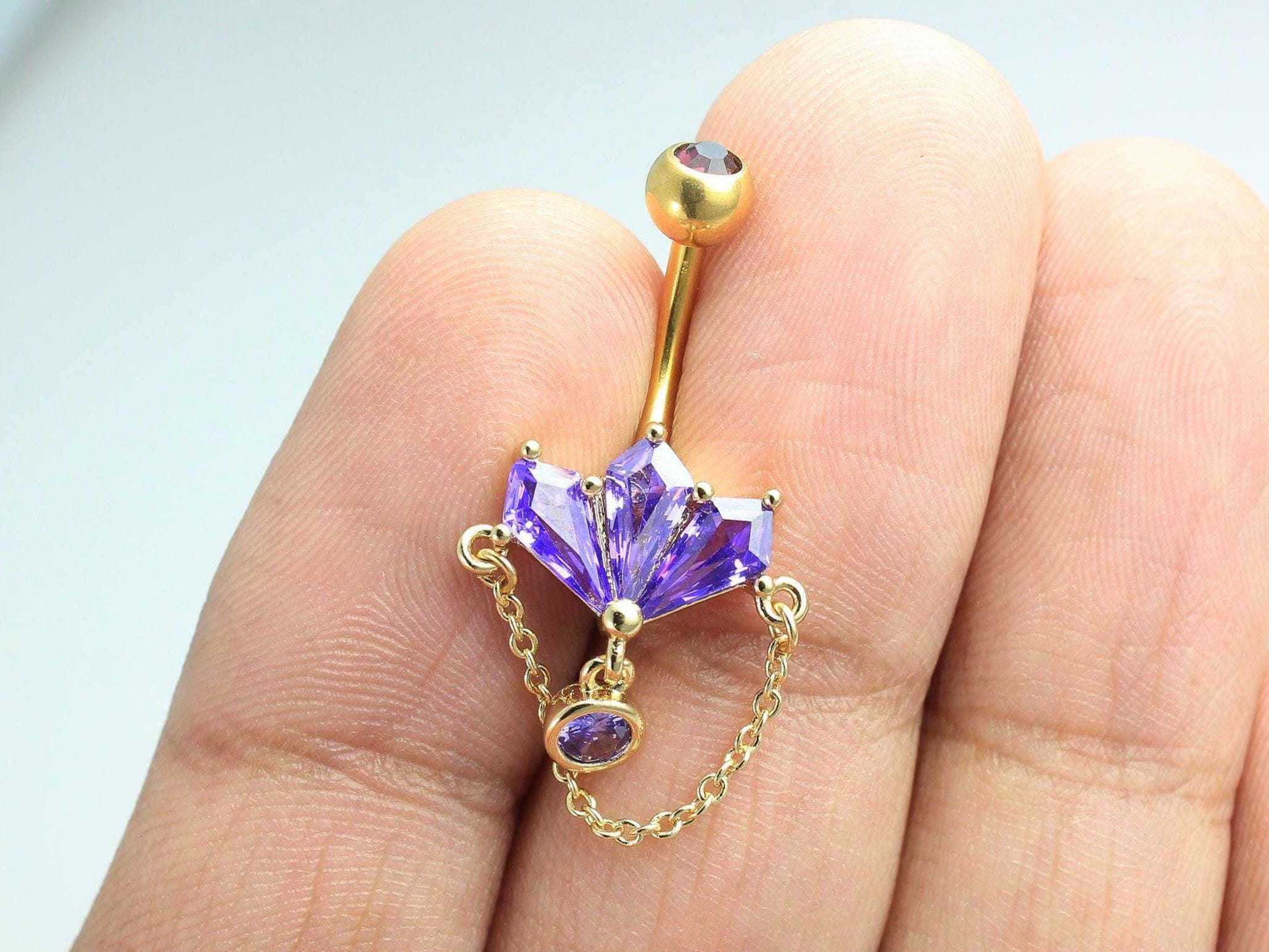 Purple Amethyst Belly Ring, 14g Gold Navel Piercing Ring, Aesthetic Body Jewelry
